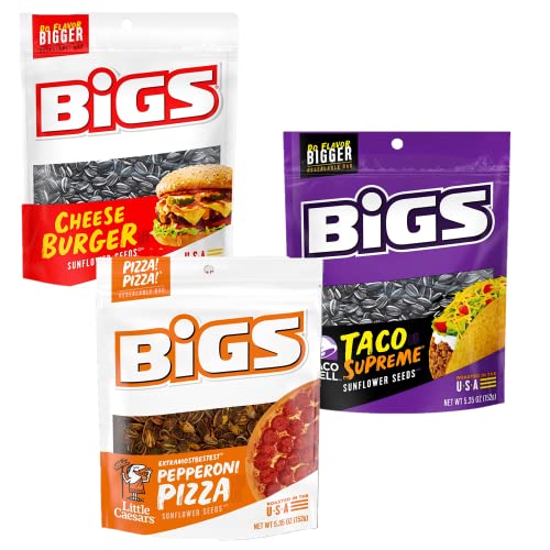 BIGS Sunflower Seeds Variety Pack - 3 Delicious Flavors: Cheeseburger, Taco Supreme & Pepperoni Pizza | 9-Pack Snacks for Road Trips, Sports Games & Outdoor Adventures