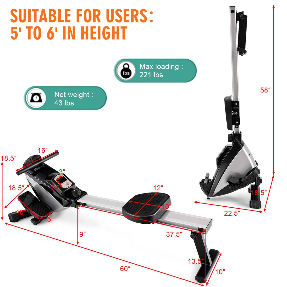 Goplus Magnetic Rowing Machine for Home Use - Adjustable Resistance Folding Rower with LCD Display, Cardio Fitness Equipment for Full Body Workout | Perfect for Small Spaces & Home Gym