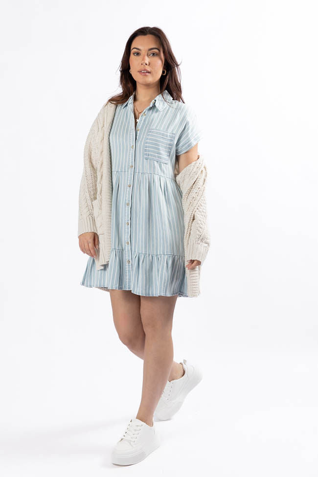 Stylish Striped Chambray Shirt Dress for Women - Casual & Comfortable Summer Outfit - Perfect for Beach, Office & Weekend Wear