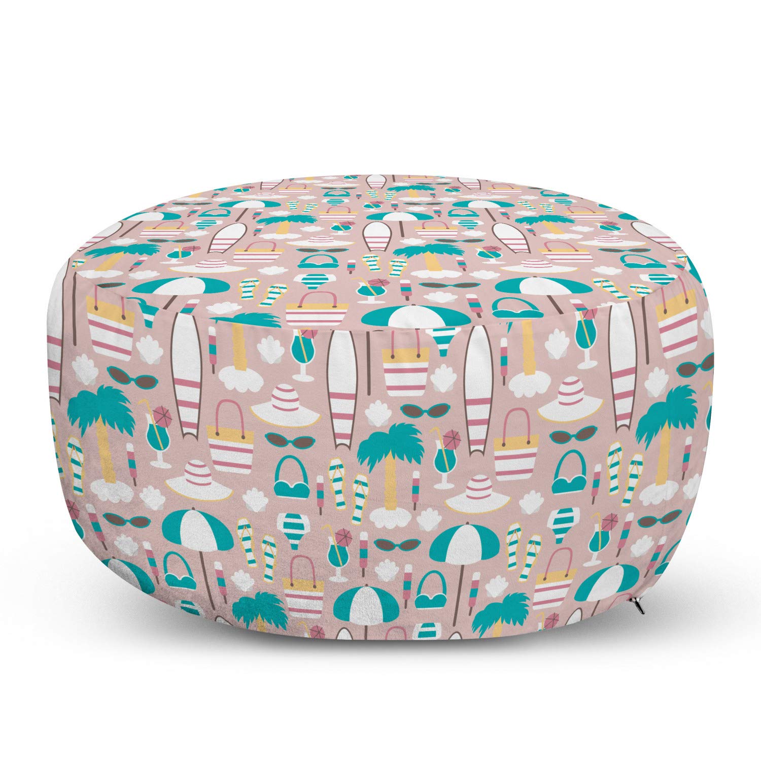 Lunarable Summer Ottoman Pouf with Removable Cover - Beach Themed Foot Rest for Living Room & Bedroom - Teal Rose & Mustard Decorative Accent - Perfect for Lounging, Poolside Relaxation & Coastal Home Decor