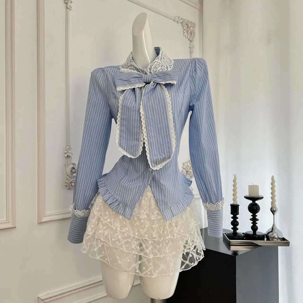 Women's Autumn 2-Piece Outfit - Blue Striped Lace Long Sleeve Lapel Blouse & High Waist Pleated Mini Skirt Set | Casual Office Wear & Date Night Outfits