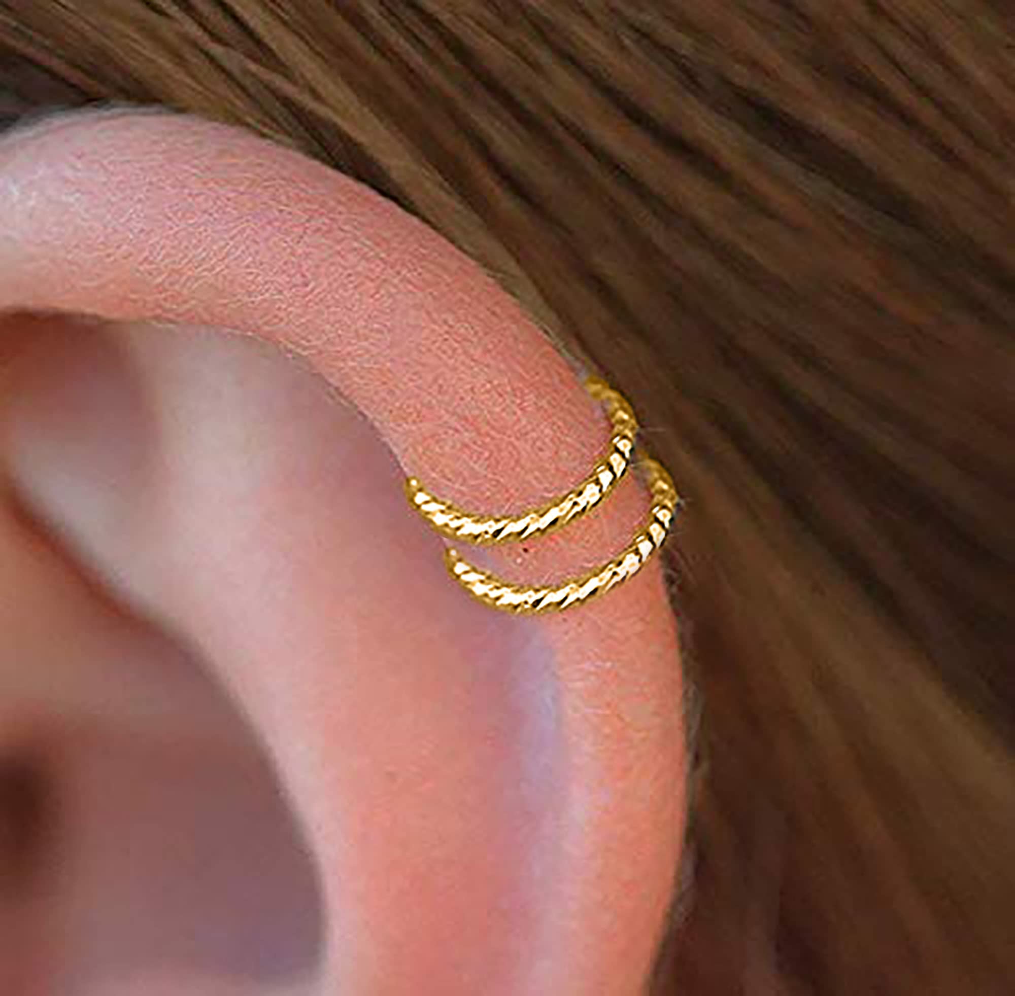 20G Tiny Cut Wire Gold Double Fake Hoop Helix Ring - Spiral Faux Helix Piercing Jewelry for Cartilage, Snug False Double Helix Earrings | Perfect for Everyday Wear, Parties & Gifts (Hammered Gold)