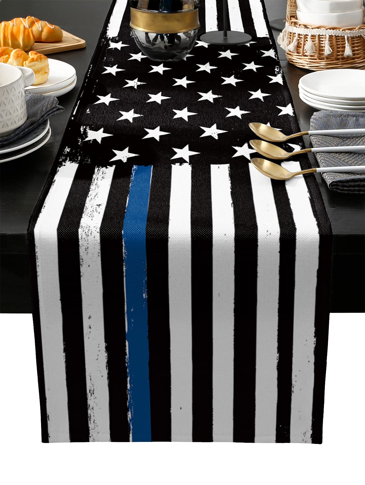 Thin Blue Line Black Table Runner - 120 Inch Cotton Linen American Police Flag Table Scarf | Rustic Dining Table Decor for Coffee Tables, Holiday Parties & Law Enforcement Gifts | Perfect for Home Decor, Patriotic Events & Police Appreciation