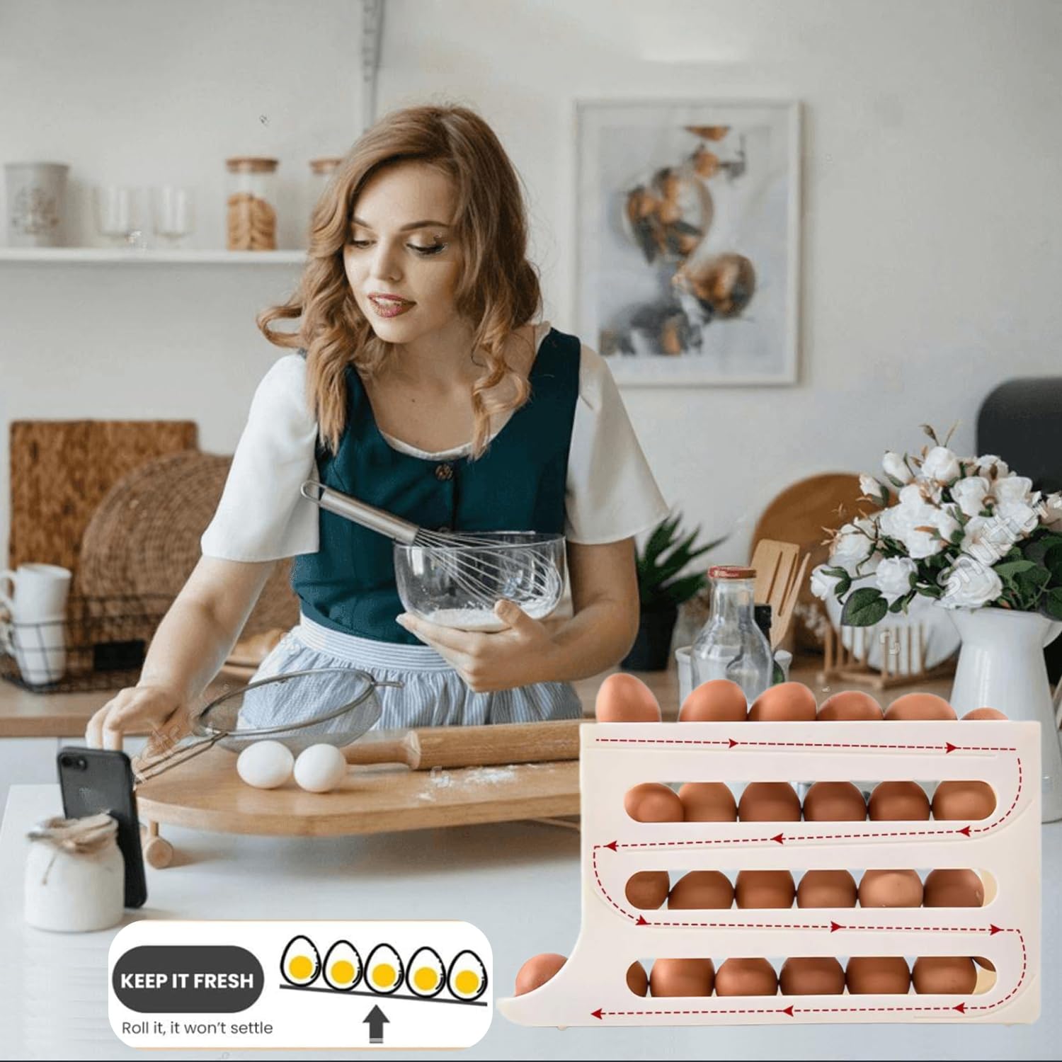 Automatic Scrolling Egg Holder for Refrigerator - Large Capacity Space-Saving Egg Organizer & Dispenser, White Kitchen Storage for Fresh Eggs - Perfect for Breakfast Meal Prep & Home Organization