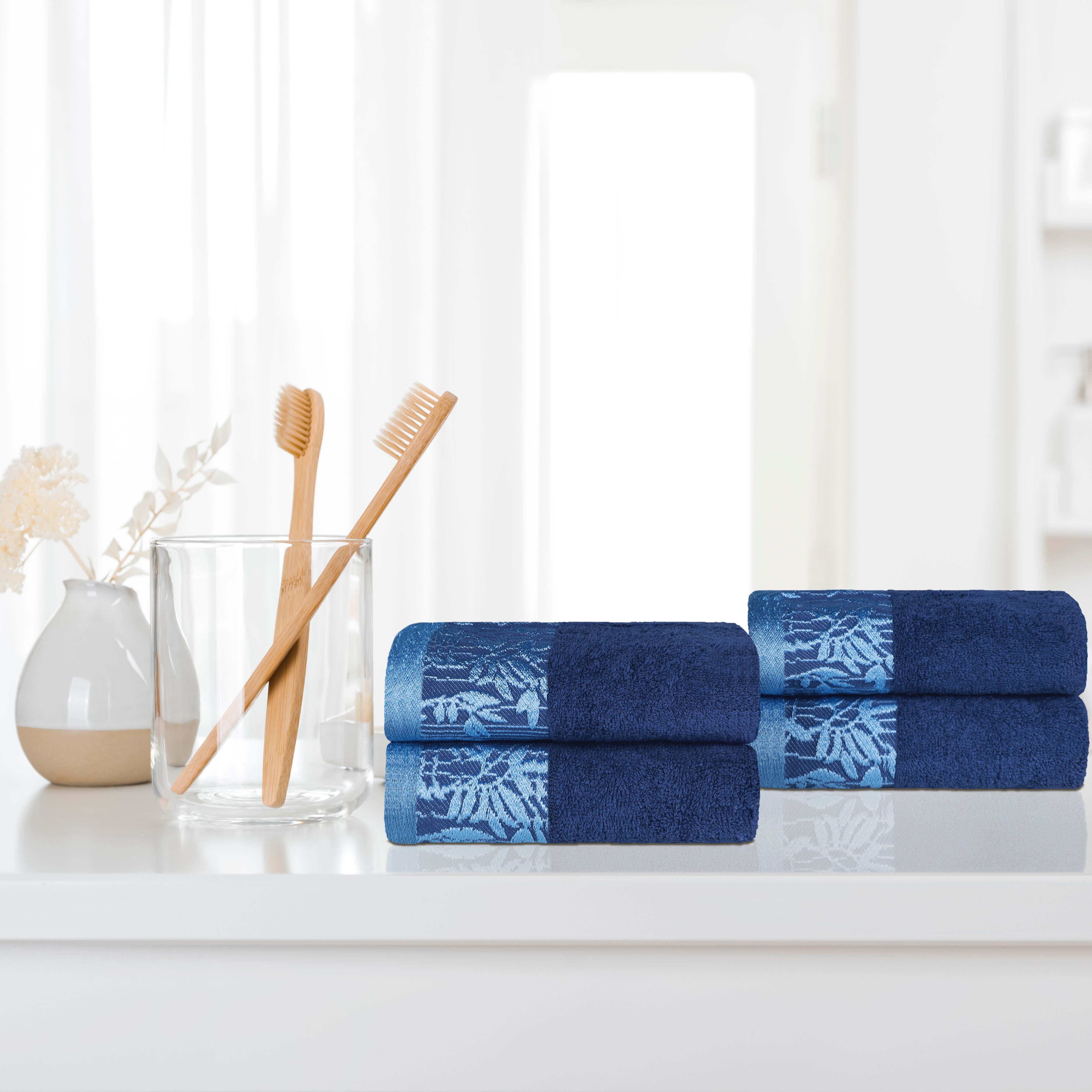 Premium Wisteria Cotton Floral Embroidered Jacquard Border Hand Towels - Set of 4 for Bathroom, Kitchen & Guest Room Decor | Soft & Absorbent Luxury Towel Set
