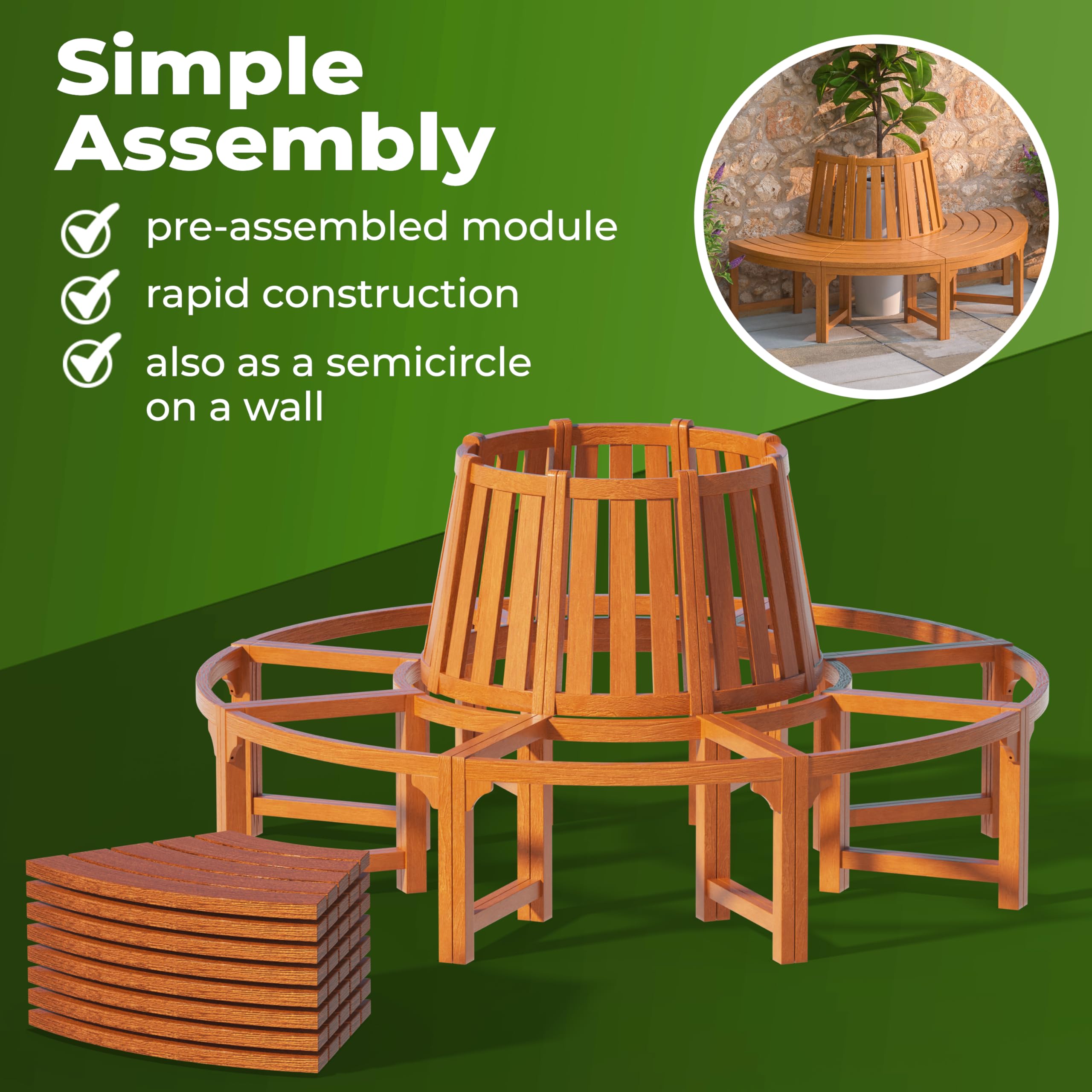 CASARIA® 160cm Round Tree Bench with Backrest - Weatherproof FSC® Certified Eucalyptus Wood Outdoor Garden Seat - Durable Brown Patio Furniture for Garden, Lawn, Park & Backyard Decor