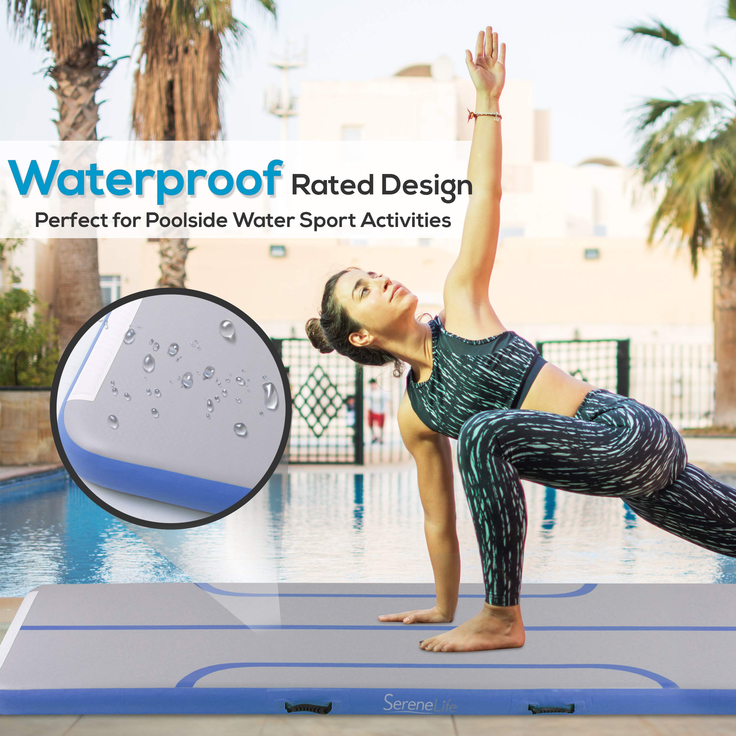 SereneLife 10FT Inflatable Gymnastics Air Tumbling Mat - 4in Thick Floating Water Mat for Yoga, Cheerleading & Training | Portable Foldable Design with Electric Air Pump | Perfect for Backyard, Pool, Gym & Indoor Workouts