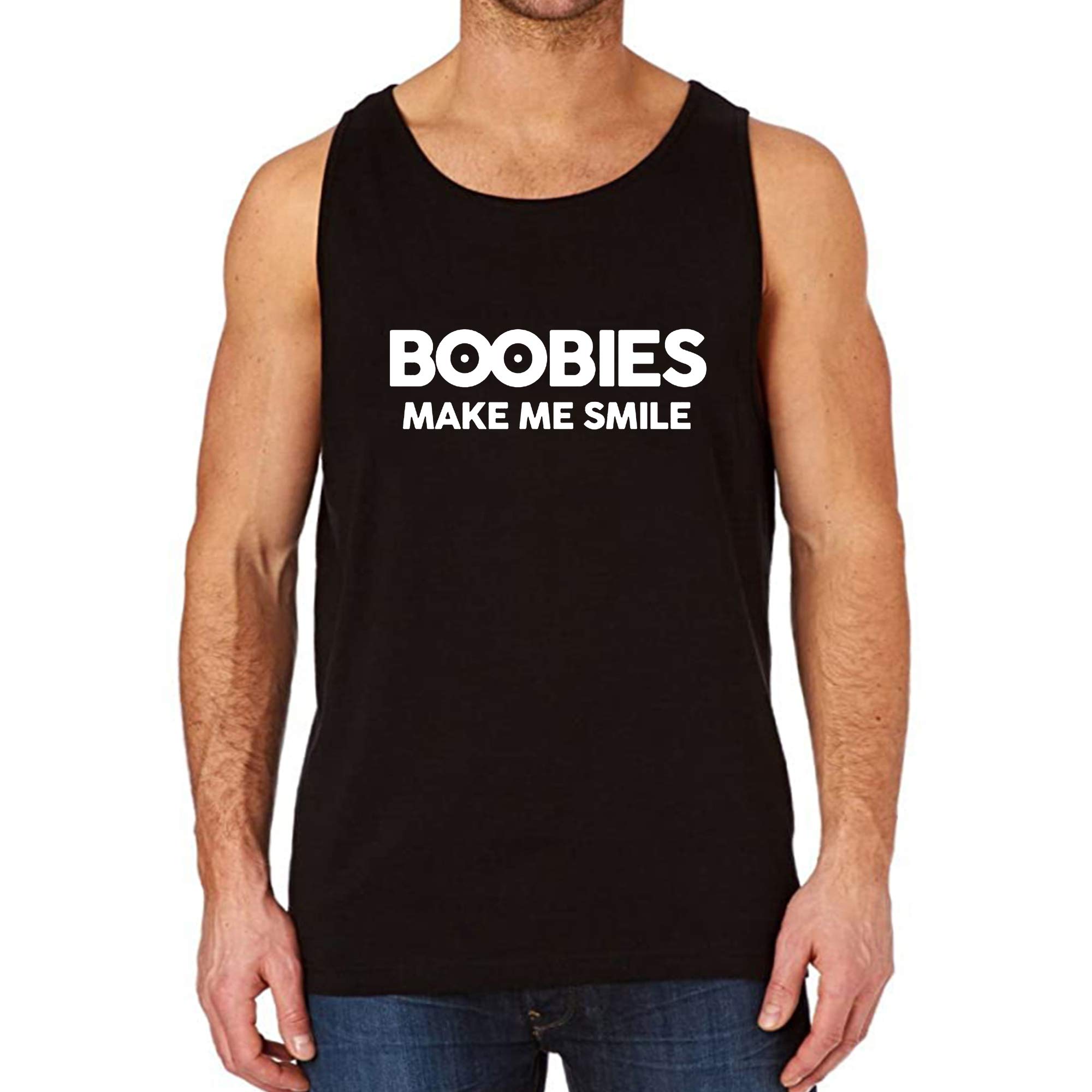 Funny Men's Gym Tank Top - 'Boobies Make Me Smile' Novelty Workout Shirt | Comfortable Cotton Fitness Tee for Gym, Running & Casual Wear