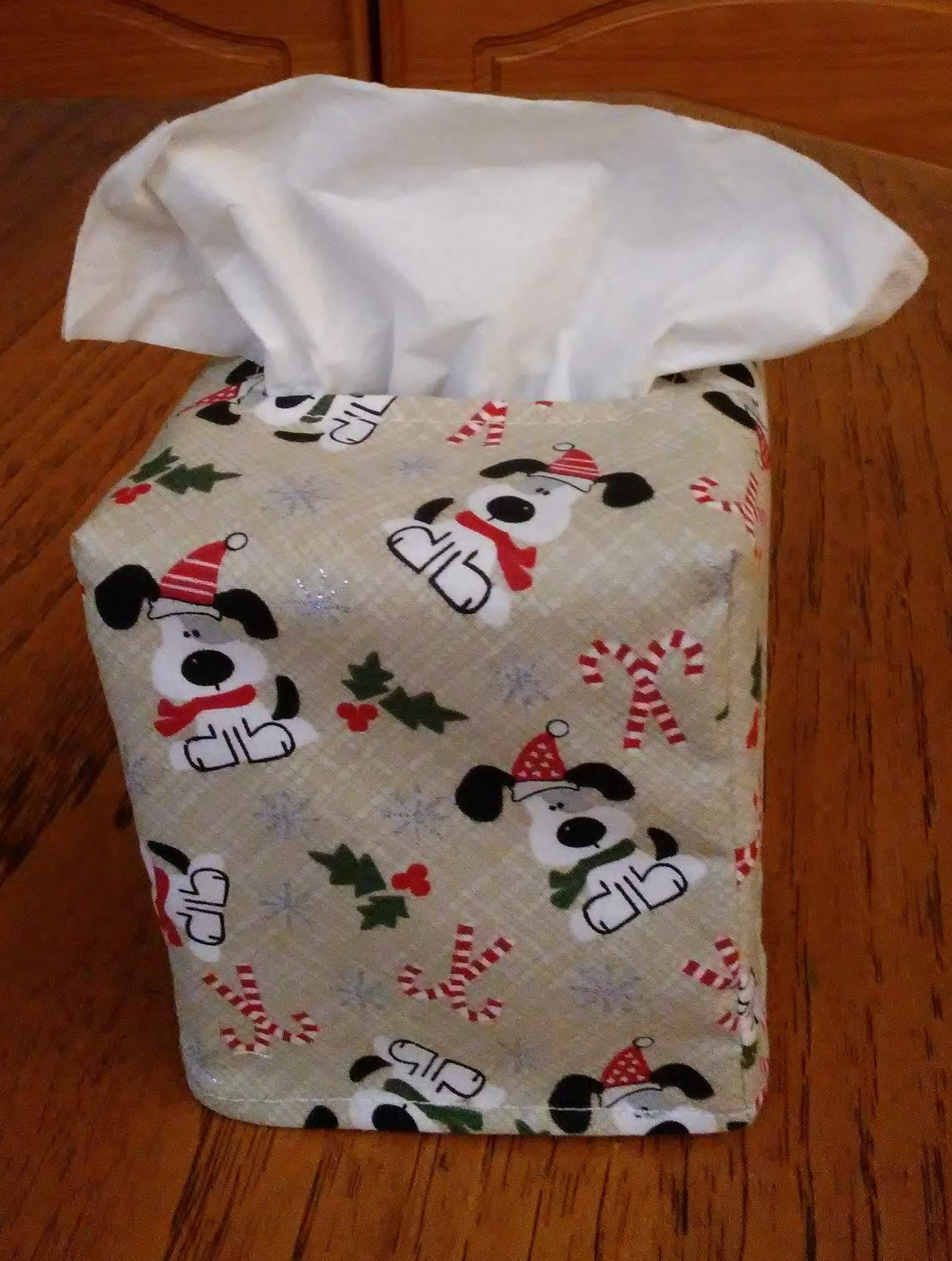 Handmade Square Tissue Box Cover with Glittering Dogs and Candy Canes Design on Cream Fabric - Perfect for Home, Office, and Holiday Decor