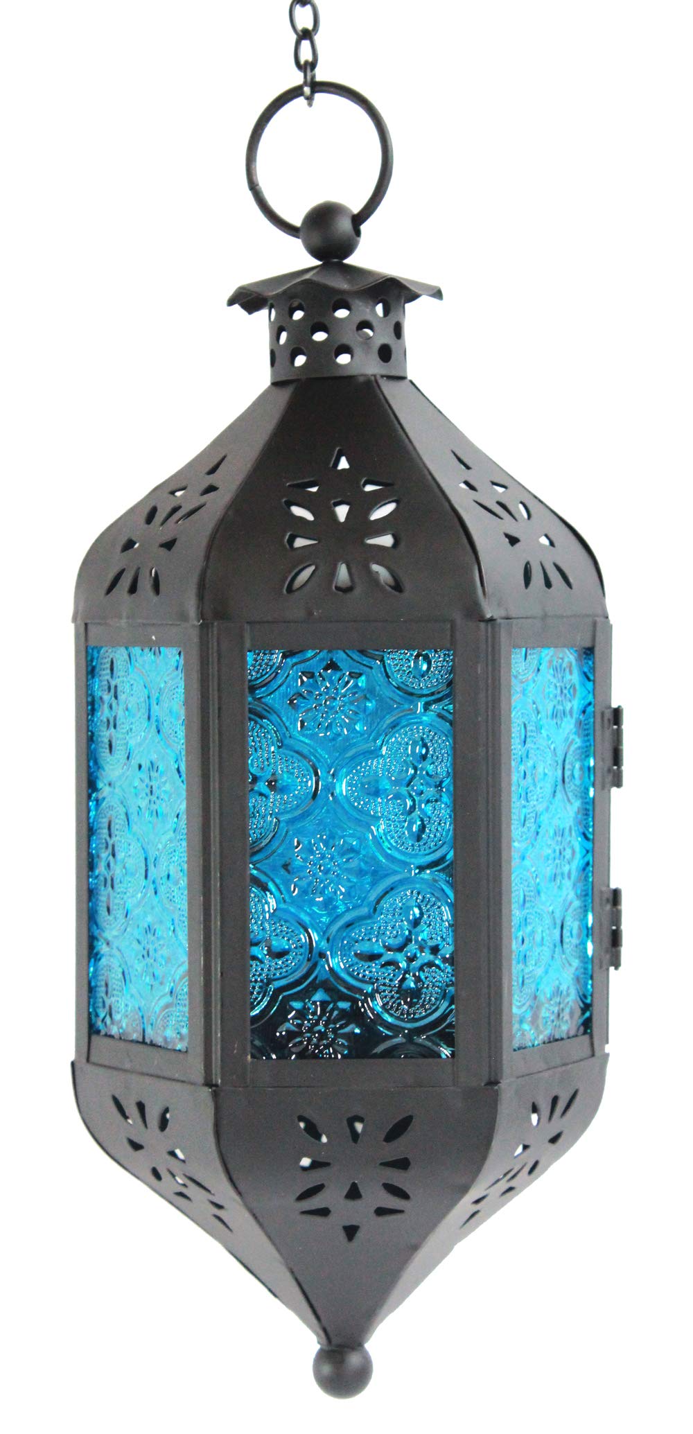 12 Pack Blue Glass Moroccan Hanging Lanterns - Decorative Candle Holders for Outdoor Patio, Garden, Wedding & Party Decor