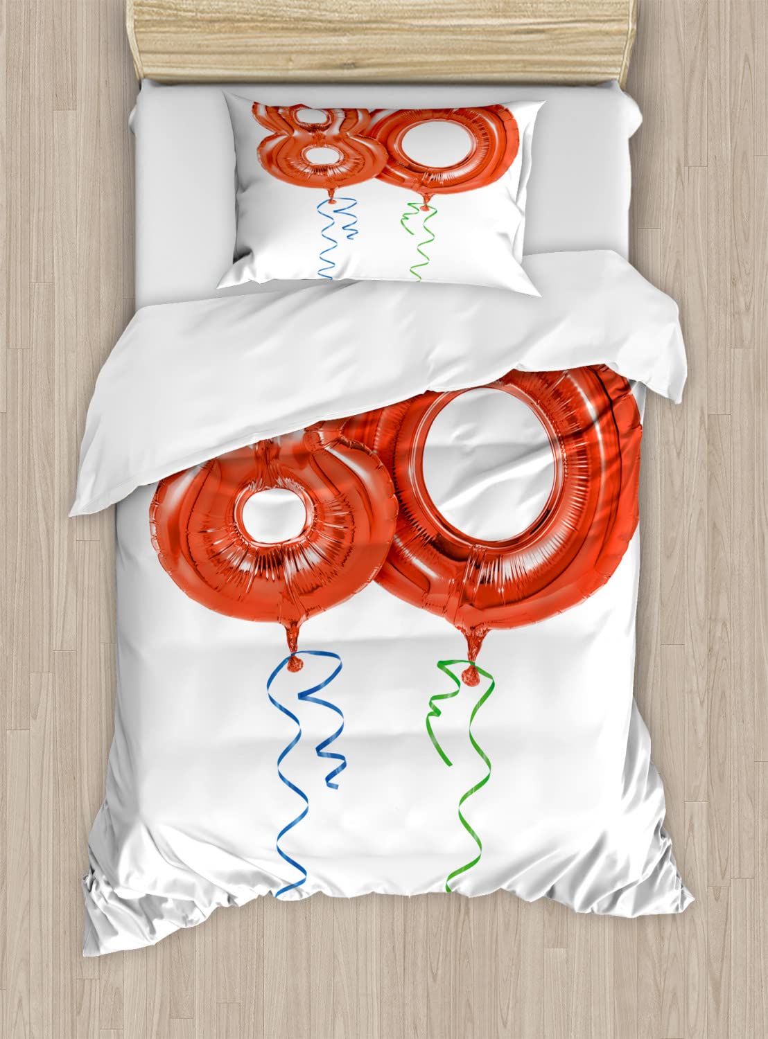 Ambesonne 80th Birthday Duvet Cover Set - Grandparent Party Balloons & Swirls Print Bedding - 2 Duvet Covers & 4 Pillowcases - 2 Pack California King Size - Red Green Blue - Perfect for Birthday Celebrations & Guest Room Decor