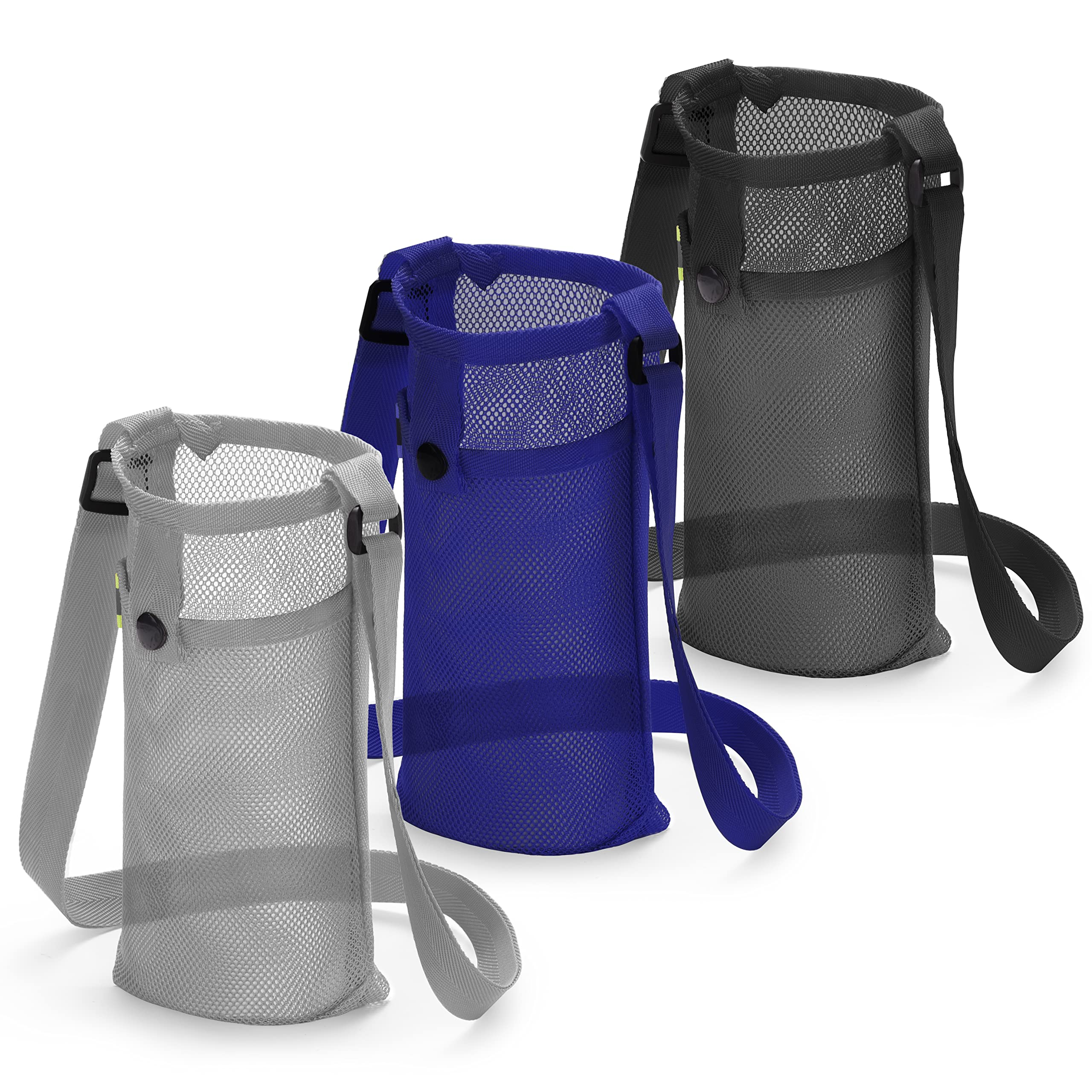 3Pcs Adjustable Shoulder Strap Water Bottle Holder - Lightweight Mesh Carrier Bag for Hiking, Gym & Dog Walking (Black/Navy/Grey) - Perfect for Outdoor Activities, Sports & Pet Adventures