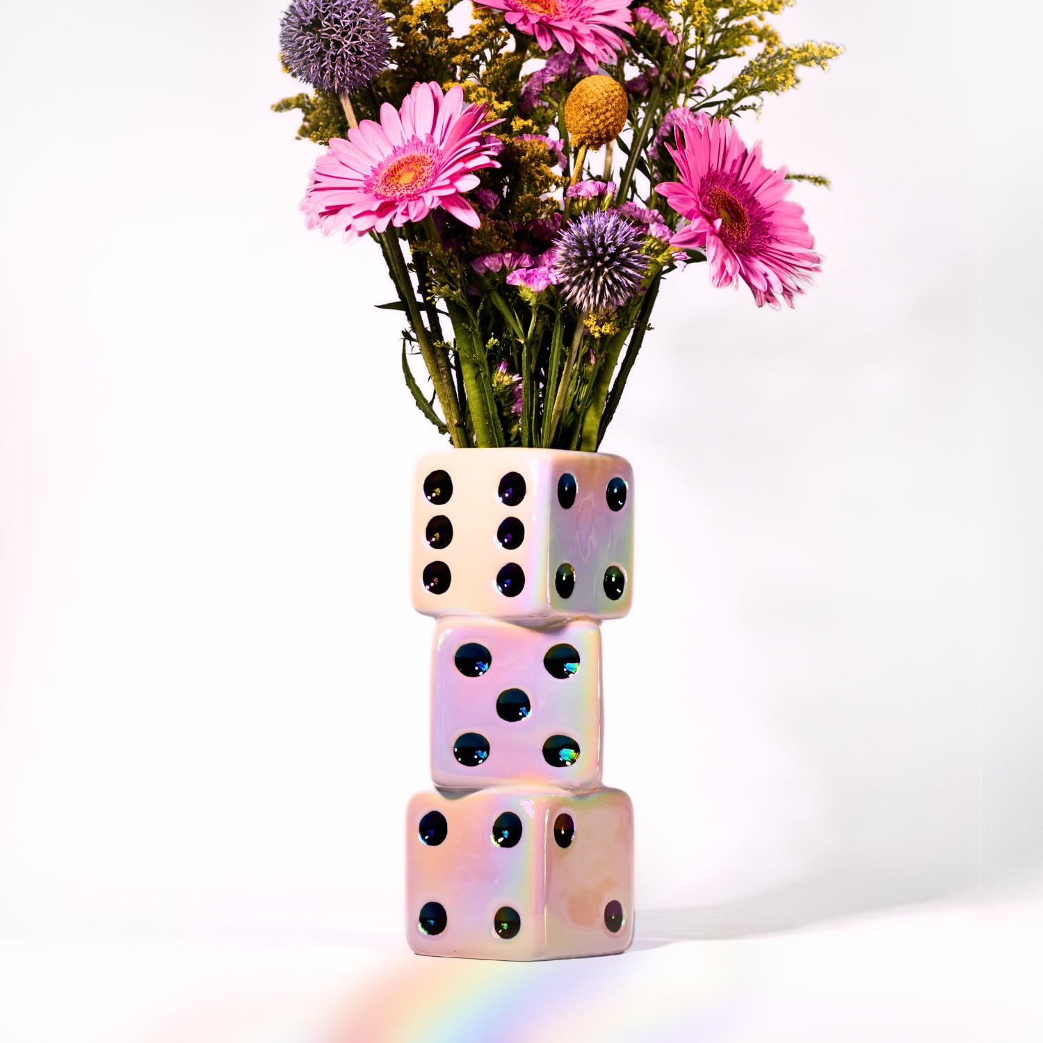 Iridescent Triple Dice Vase - Unique Maximalist Ceramic Flower Vase for Home Decor, Trendy Holographic Desk Accessories for Office, Bar Cart or Vanity | Perfect for Boho Chic Living Rooms, Modern Workspaces & Glamorous Vanity Tables