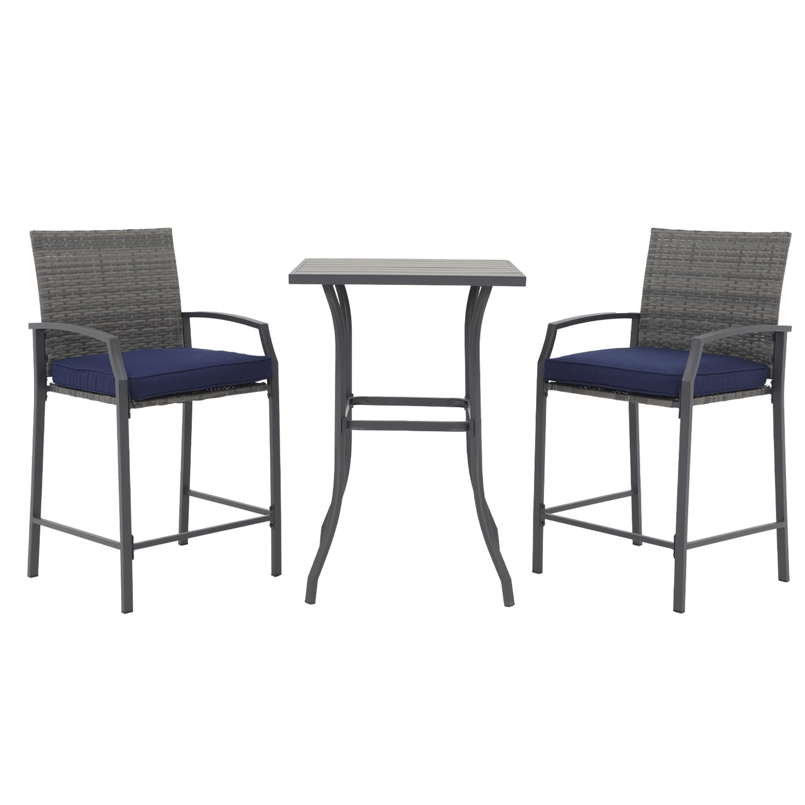 JOIVI 3-Piece Outdoor Patio Bar Set - Counter Height Wicker Bar Stools with Wood Top Table, 2-Person Bistro Set Includes 2 Bar Chairs with Cushions - Perfect for Backyard, Balcony, Deck, and Garden Entertaining