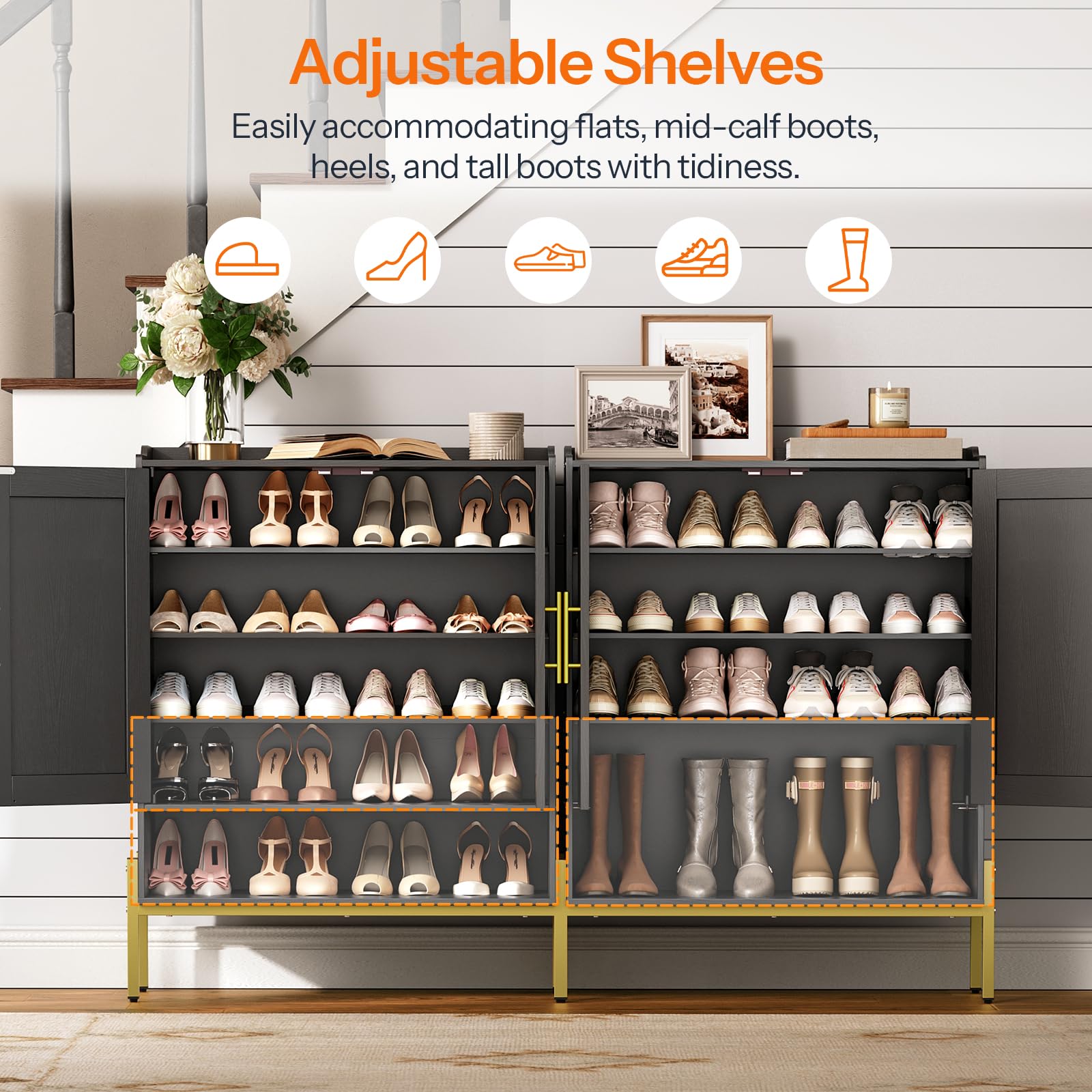 HOOBRO 5-Tier Wooden Shoe Cabinet with Doors - Freestanding Shoe Storage Organizer for Entryway & Hallway, Adjustable Shelves, Gold & Black (DB41SC01) - Perfect for Small Spaces, Apartment Living & Closet Organization