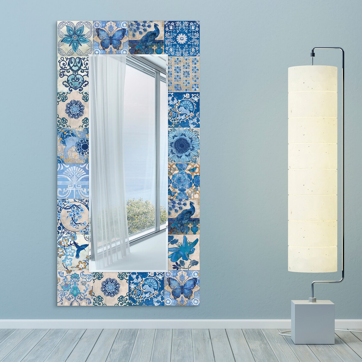 Blue & White Abstract Beveled Wall Mirror - 72 x 36 Inch Rectangular Tempered Glass Free Floating Mirror for Living Room, Bedroom, or Entryway Decor