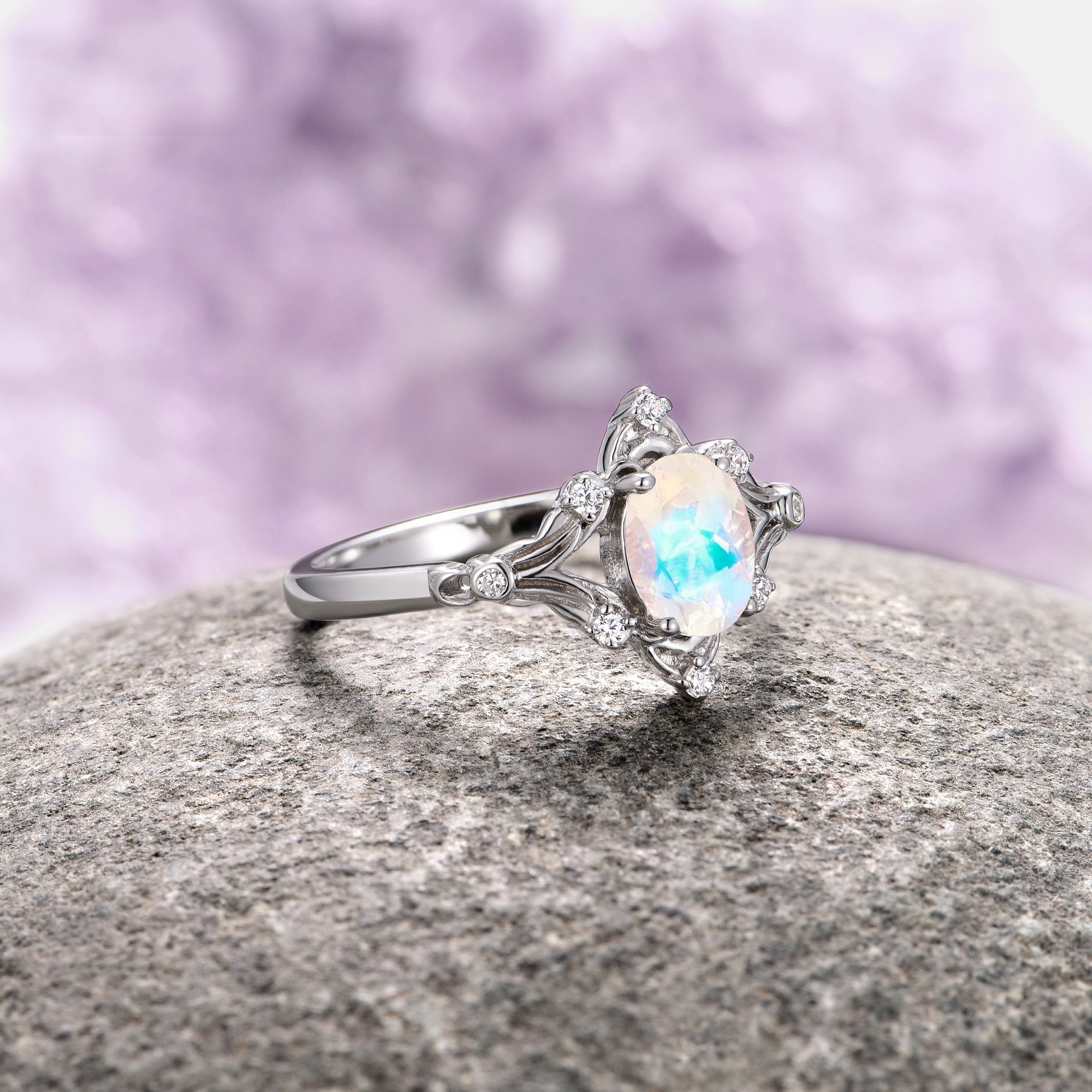 Vintage Moonstone Ring for Women - 925 Sterling Silver Jewelry - Boho Chic Dainty Stackable Ring for Everyday Wear & Special Occasions
