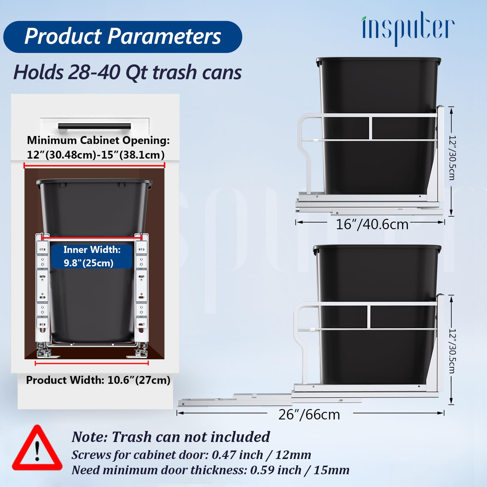 Insputer Pull Out Trash Can Under Cabinet with Soft-Close Slides - Heavy Duty Under Sink Trash Can Kit for Kitchen (Garbage Can Not Included) - Fits 12