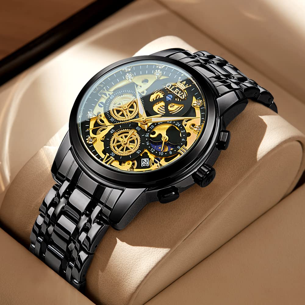 OLEVS Men's Luxury Chronograph Watch with Diamond Accents - Stainless Steel Analog Quartz Wristwatch, Waterproof & Luminous - Perfect for Business, Dress Occasions & Everyday Wear