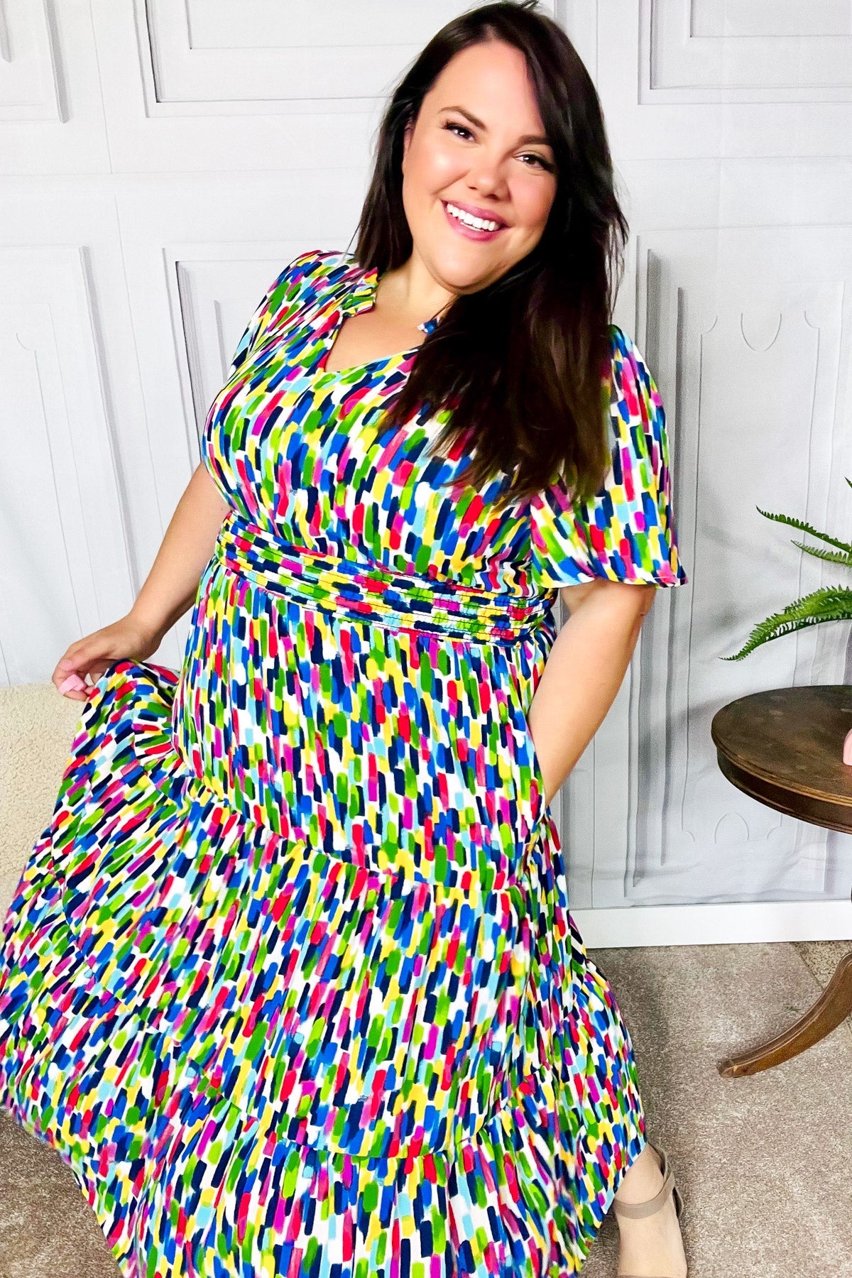 All For You Navy Multicolor Abstract Print Smocked Waist Maxi Dress | Women's Flowy Summer Beach Dress for Vacations & Outdoor Parties