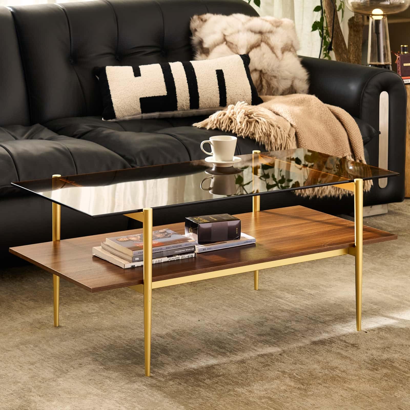 AGV LIGHTING Modern Double Layer Coffee Table with Gold Frame, Coffee Brown Glass & Walnut Wood Top - Stylish Living Room Center Table for Small Spaces, Apartments and Lounge Areas