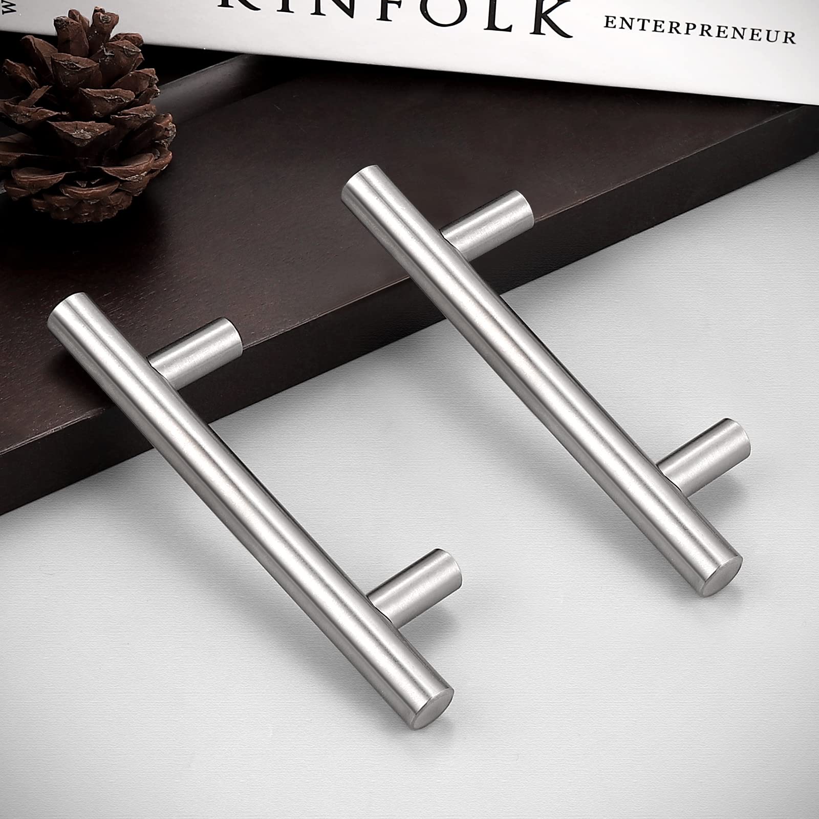 **30 Pack 3 Inch Hole Centers Brushed Nickel Cabinet Handles - Stainless Steel Euro T-Bar Pulls for Kitchen Cabinets, Drawers & Dressers (5 Inch Total Length) - Perfect for Modern Home & Office Furniture Hardware**