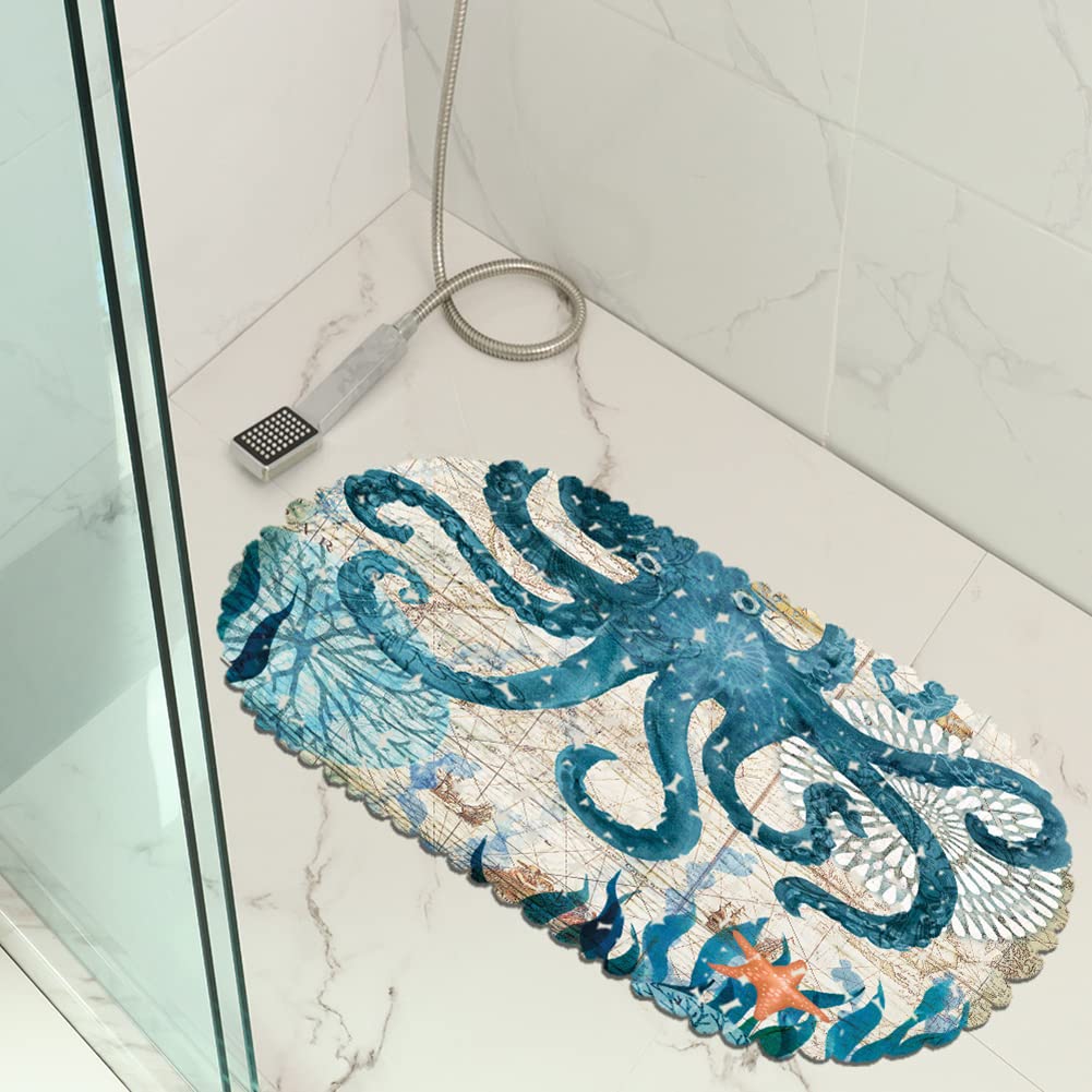 Non-Slip Octopus Bathtub Mat with Suction Cups - Safety Vinyl Anti-Skid Shower Mat for Baby & Kids - Coastal Ocean Beach Nautical Bathroom Decor - Perfect for Bath Safety, Nursery, and Coastal-Themed Home Decor