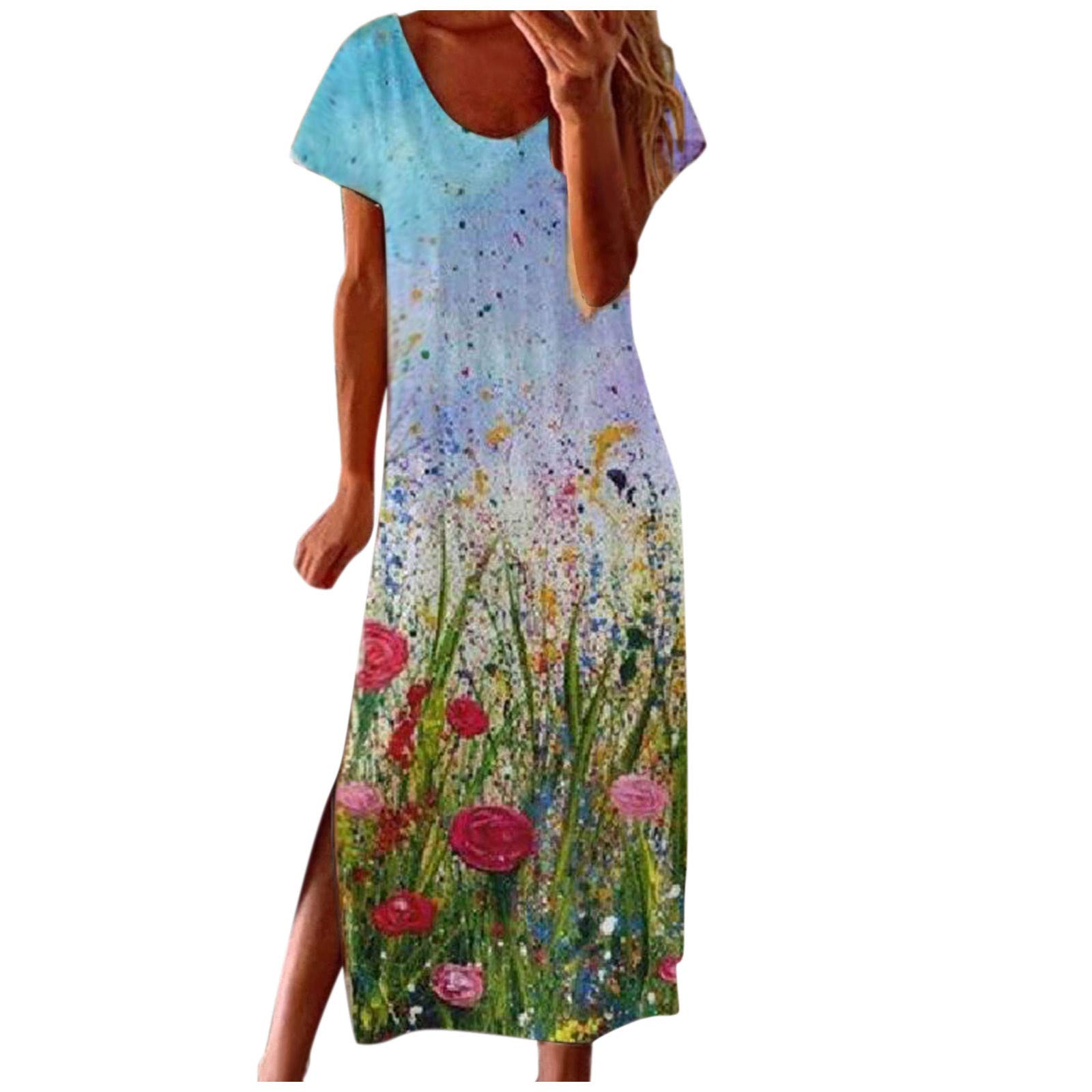 Vintage Round Print Short Sleeve Maxi Dress for Women - Bohemian Floral Summer Casual Dress for Beach, Vacation & Everyday Wear