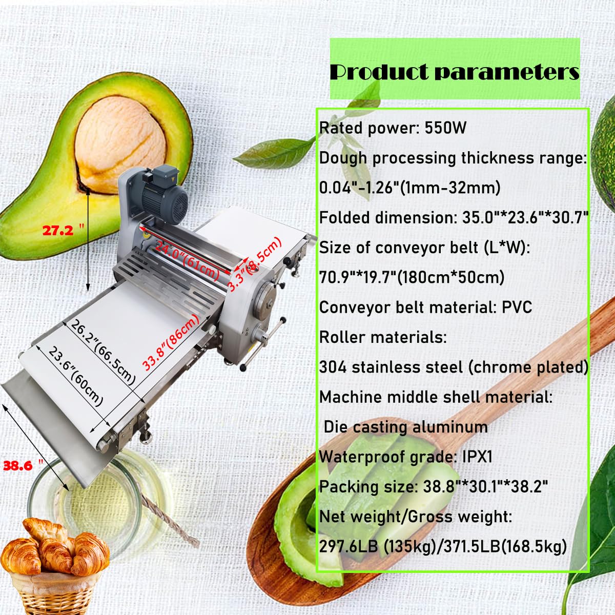 Commercial Dough Sheeter Machine - Reversible Roller Dough Press for Danish Pastry, Bread, Egg Tarts & Pizza - 70.9