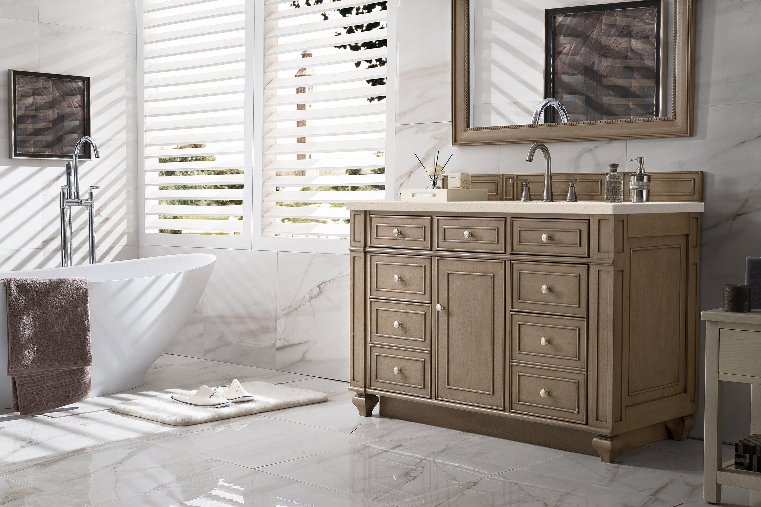 Bristol 48 Inch Single Bathroom Vanity Set with Whitewashed Walnut Finish & 3CM Eternal Marfil Quartz Countertop - Perfect for Modern Farmhouse, Coastal, or Transitional Bathroom Designs