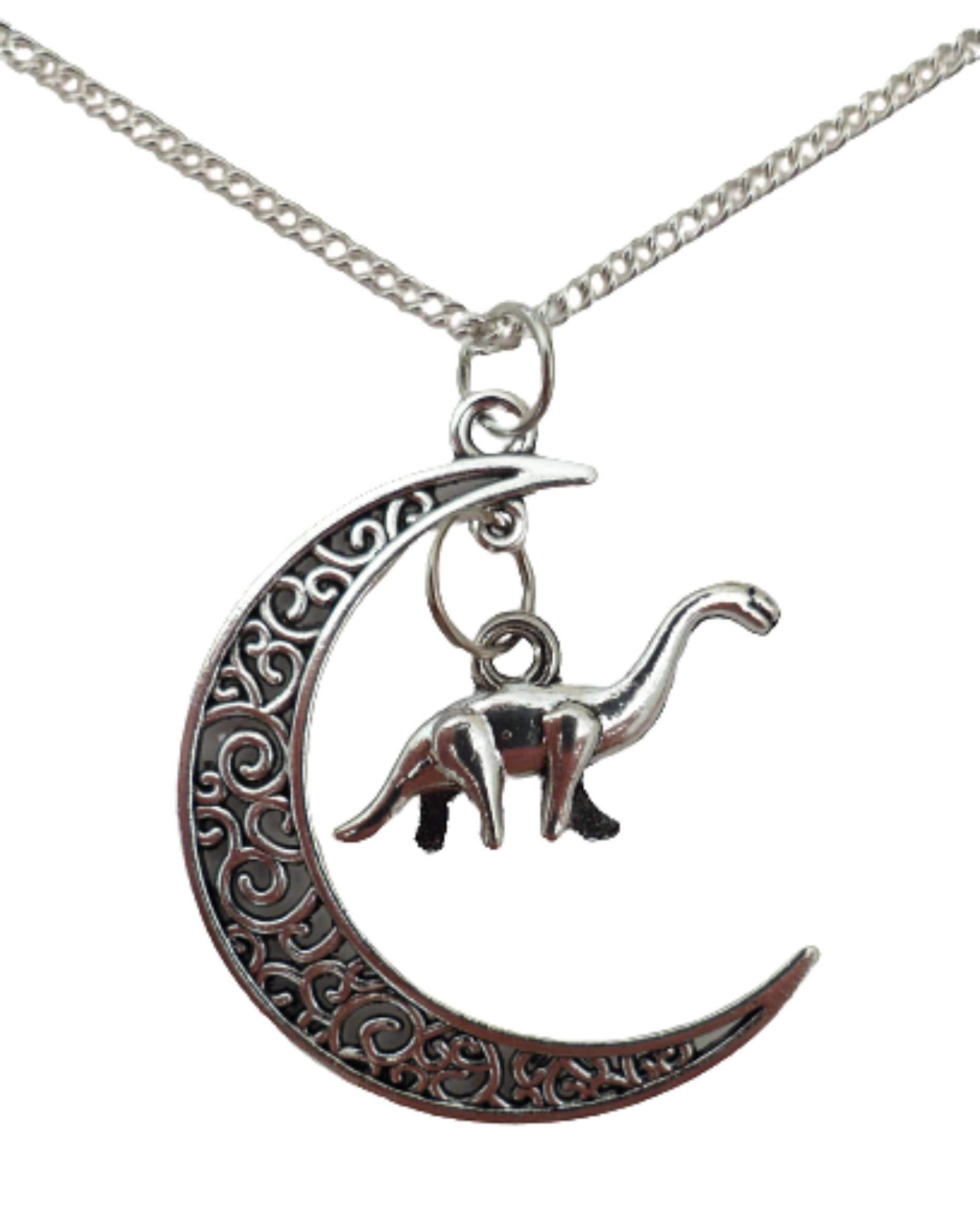 Silver Plated Diplodocus Charm Necklace with Crescent Moon Pendant - Dainty Dinosaur Jewelry for Women, Gift for Her, Birthday & Anniversary Present