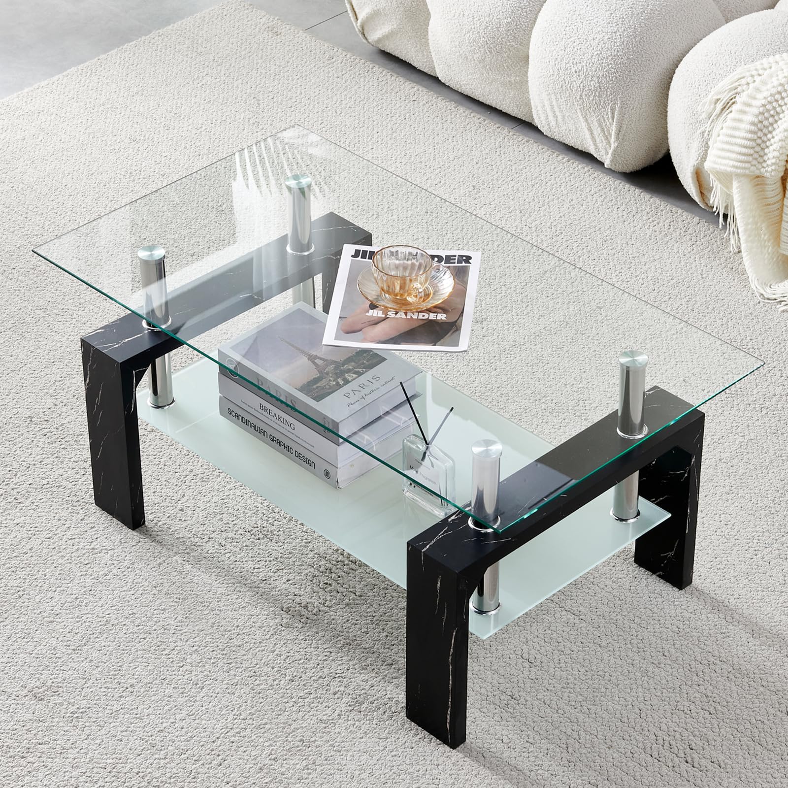 Modern Rectangle Coffee Table with Wooden Legs & Glass Top - Black Marble Base with Lower Shelf - Perfect for Living Room, Office Waiting Area & Lounge Spaces