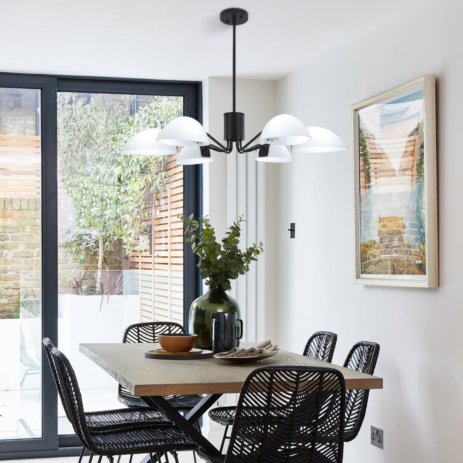 Modern Black Chandelier Ceiling Light with Milk Glass Shades - 34.64 Inch Industrial 6-Light Pendant Fixture for Dining Room, Kitchen, Hallway, Foyer & Entryway | Elegant Lighting for Home Decor, Restaurants and Office Spaces