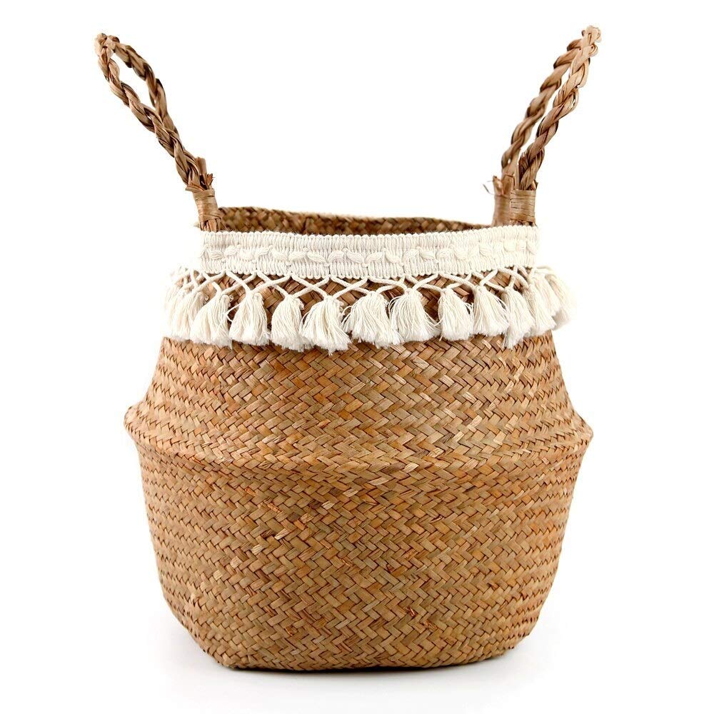 Natural Seagrass Woven Basket - Foldable Hanging Storage Organizer for Home Decor, Garden Pots, Laundry (23cm x 20cm) | Perfect for Wall Decor, Plant Holders & Clutter-Free Spaces