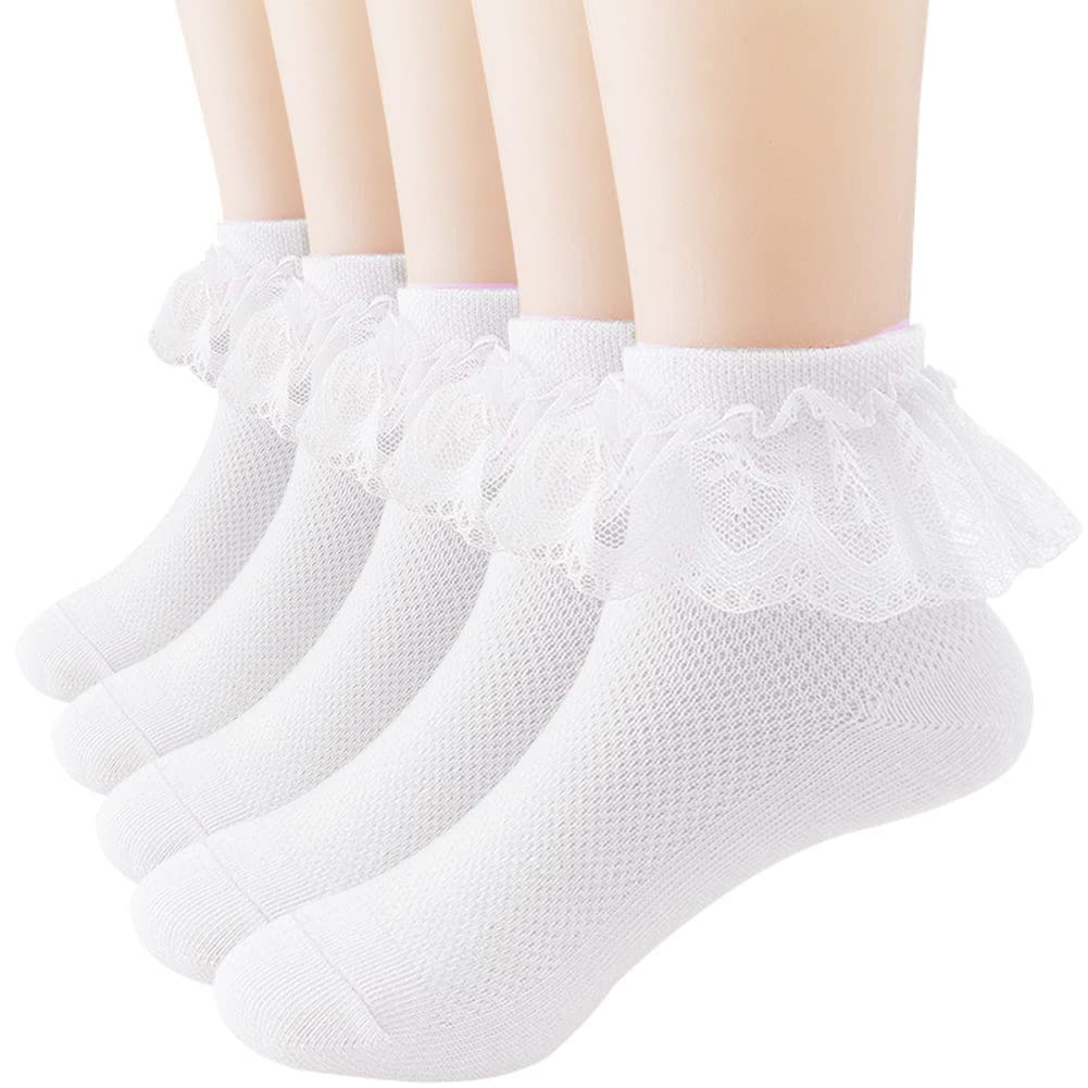 Looching 4 Pairs Toddler Baby Girls Lace Princess Socks - Soft Cotton Ruffled Ankle Socks for Infants - Perfect for Dress-Up, Parties & Everyday Playtime