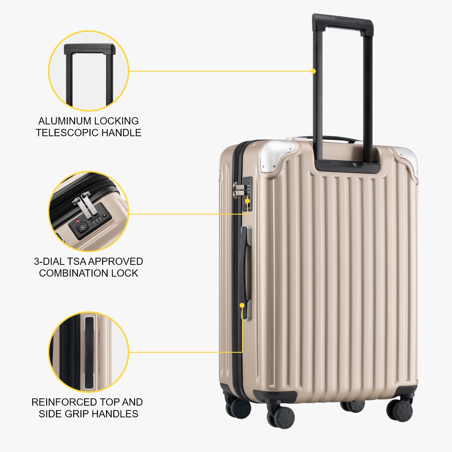 LEVEL8 20-Inch Expandable Hardshell Carry-On Luggage with 4 Spinner Wheels & TSA Locks - ABS+PC Lightweight Suitcase for Travel, Business Trips & Weekend Getaways (Champagne)