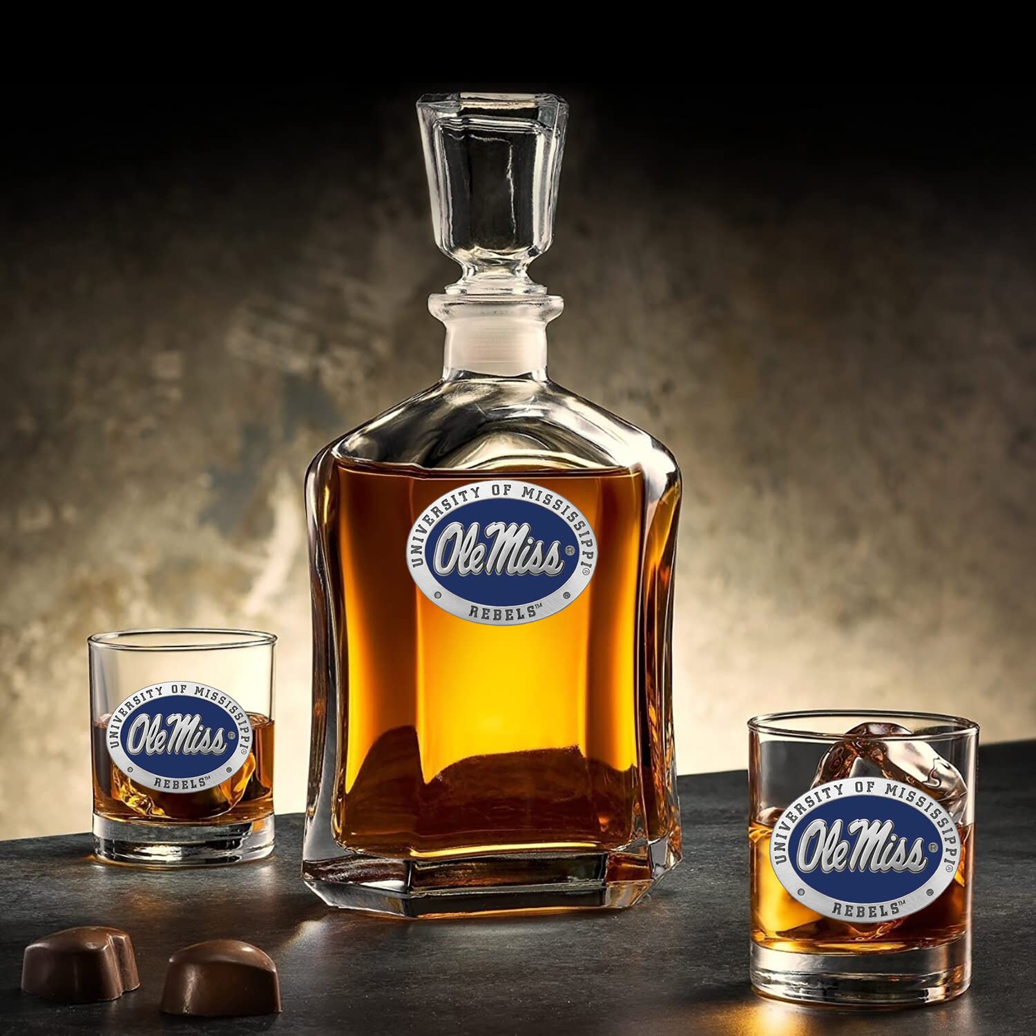 Ole Miss Decanter Set with 2 Double Old-Fashioned Glasses | 24oz Pewter Liquor Pourer & Glass Gift Set | Handcrafted Barware for Whiskey, Bourbon & Scotch | Perfect for Home Bars, Gifts & Special Occasions
