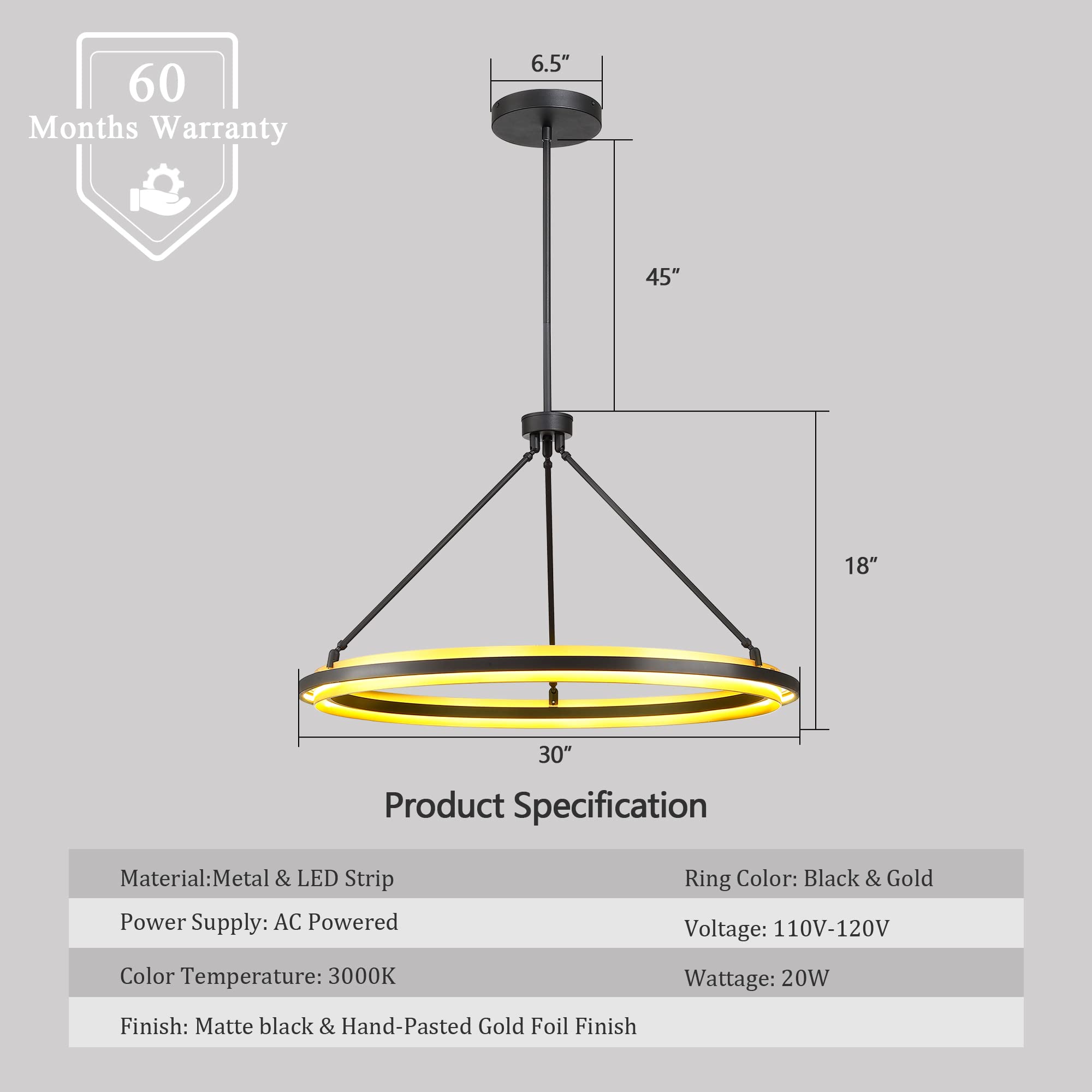 Modern Black & Gold LED Round Chandelier - Adjustable Hanging Pendant Light Fixture for Kitchen Island, Dining Room, Bedroom | Energy-Efficient Ceiling Lighting for Home Decor & Ambiance