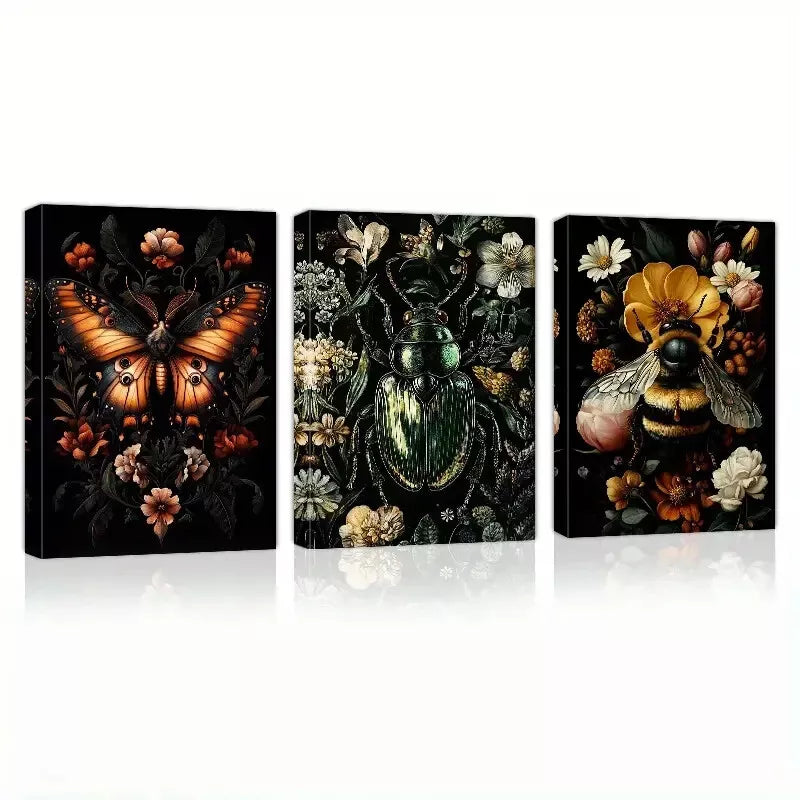 3-Piece Gothic Insects and Plants with Florals Wall Art Set - Framed Canvas 50x70cm (20x28in) | High-Quality Print | 100% Australian Made | Ready to Hang | Perfect for Living Room, Bedroom or Office Decor