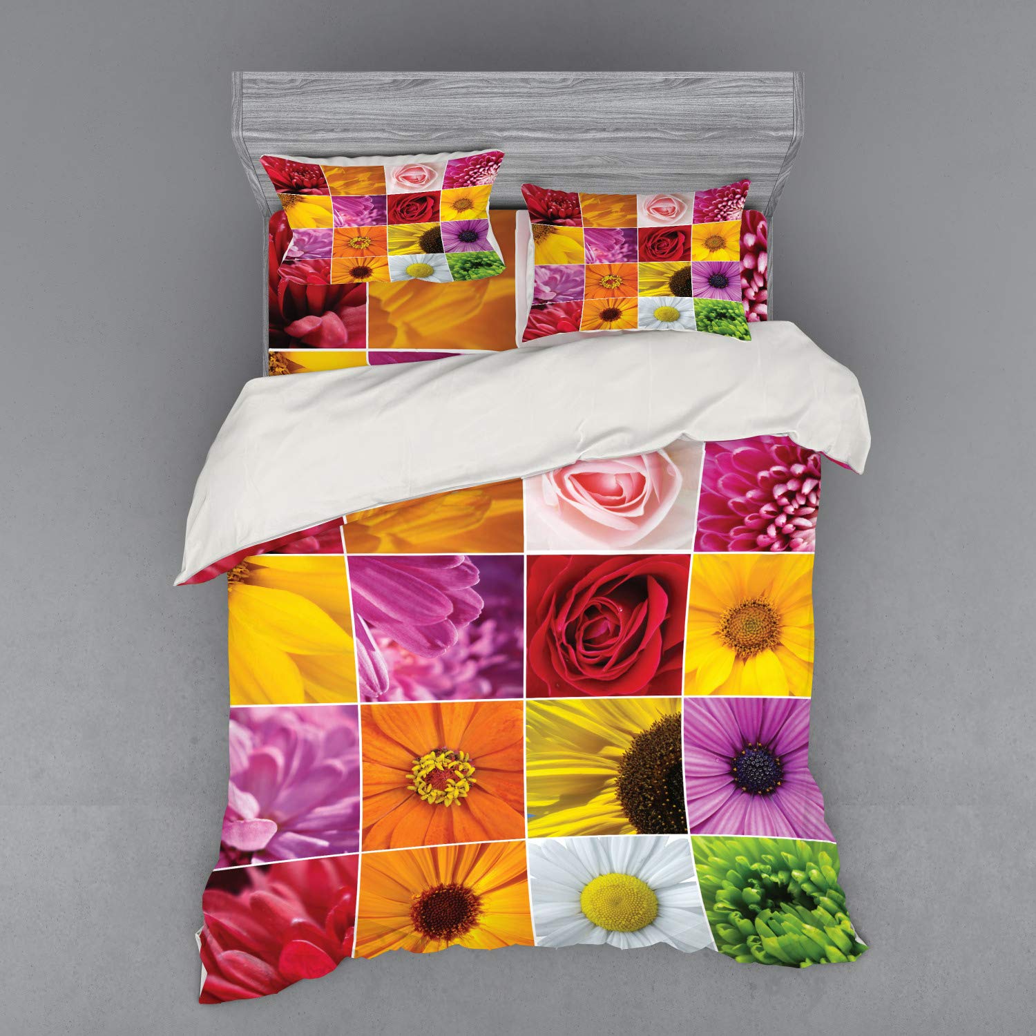 Ambesonne 4-Piece Floral Duvet Cover Set - Queen Size Chrysanthemum Rose Sunflower Design in Vibrant Orange Yellow Pink Colors with Shams & Fitted Sheet | Romantic Bedroom Decor for Bridal Suite, Guest Room or Master Bedroom
