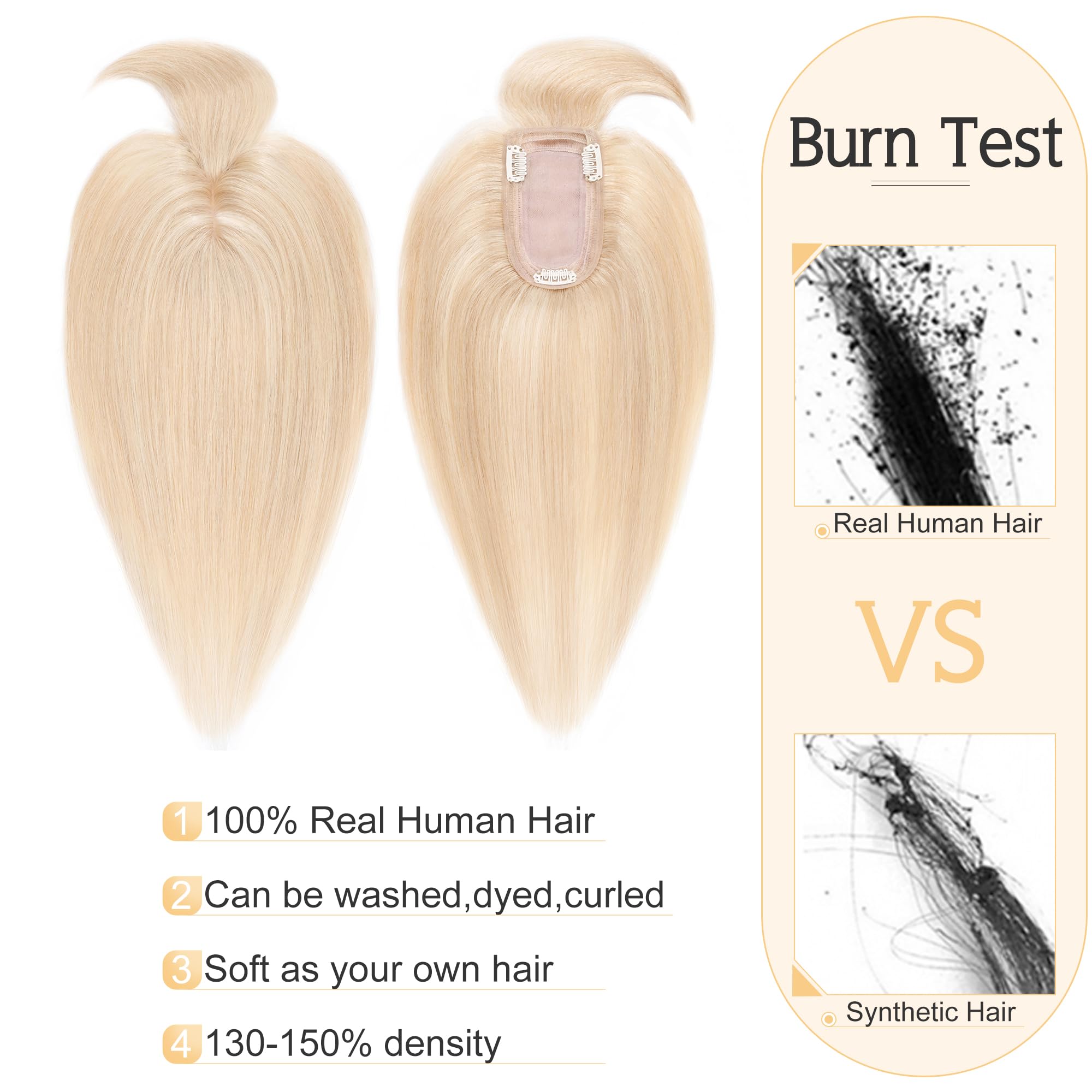 SEGO 7x13cm Silk Base Human Hair Toppers for Women with Bangs - 100% Remy Clip-in Top Wiglet for Thinning Hair (16 Inch, Ash Blonde & Bleach Blonde) | Perfect for Daily Wear, Parties & Special Occasions