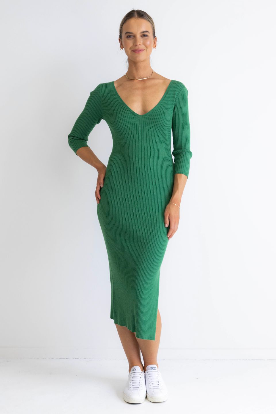 Equinox Kelly Green Half Sleeve V Neck Tie Back Rib Knit Midi Dress - Women's Casual Summer Dress for Beach, Party & Date Night