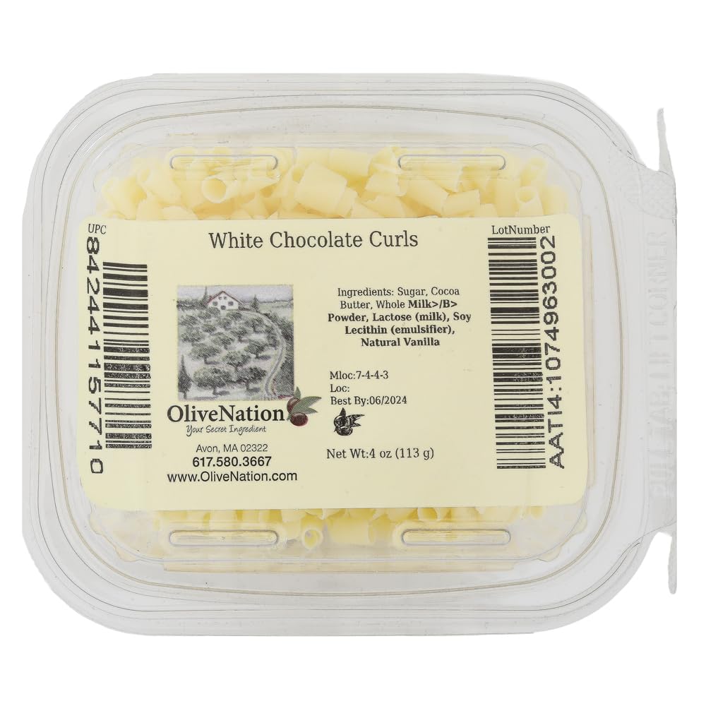 Premium Belgian White Chocolate Shavings - OliveNation Edible Chocolate Curls for Cake Topping, Dessert Garnish & Decoration (5 oz) - Perfect for Baking, Ice Cream, Hot Cocoa & Party Treats