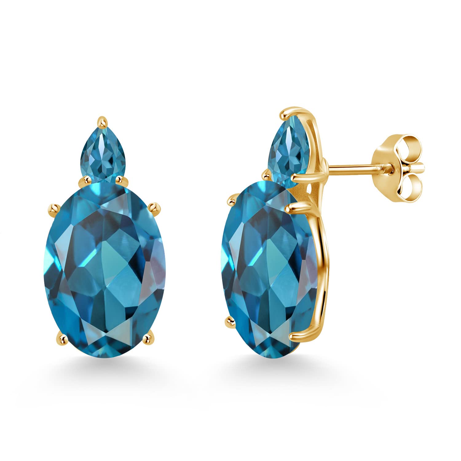 13.80 Ct Oval London Blue Topaz 18K Gold Plated Silver Earrings for Women - Gem Stone King | Elegant Jewelry Gift for Birthday, Anniversary & Special Occasions
