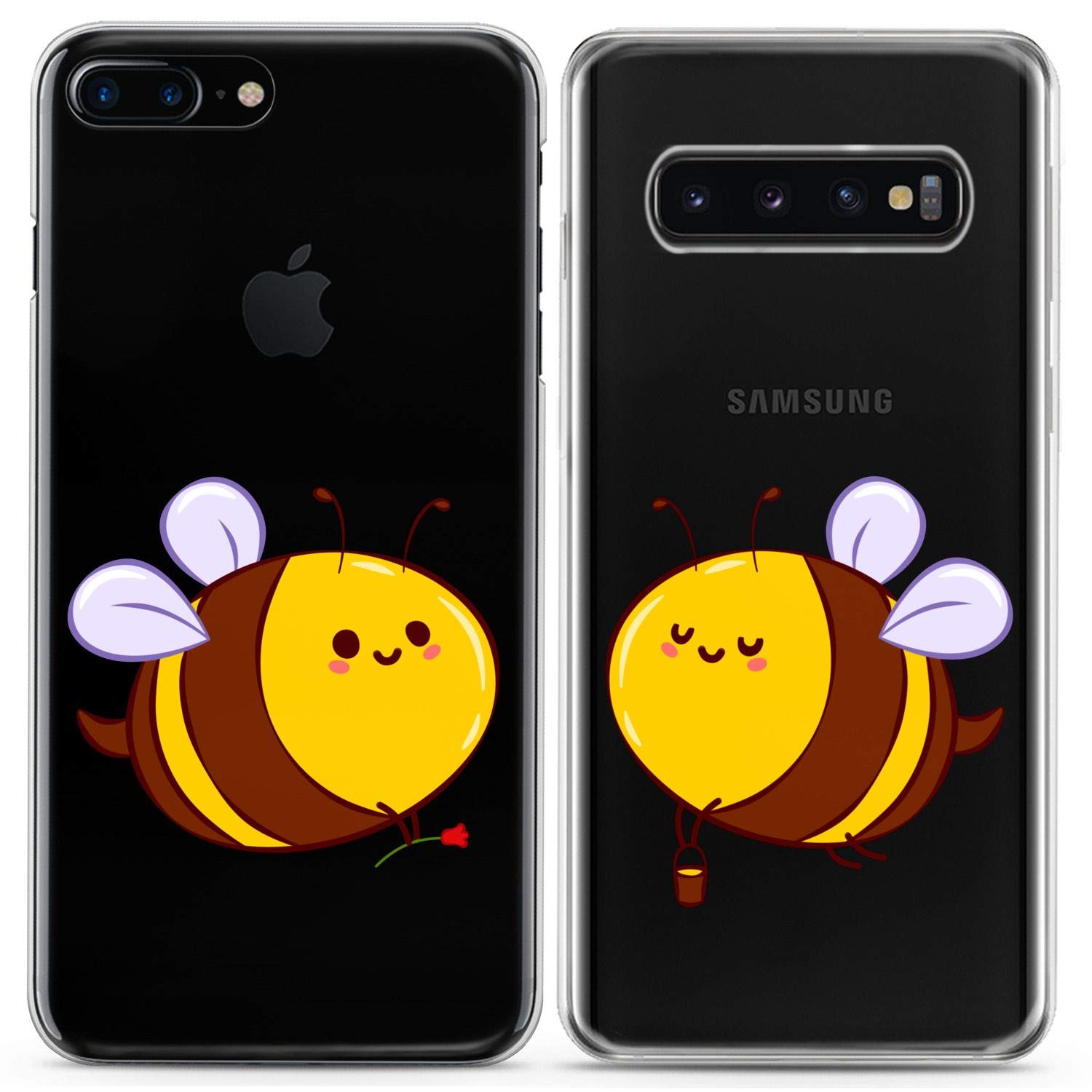 **Matching Couple Phone Cases for iPhone 16/15/14/13/12/11 Pro Max/Mini/XS/X/6s/8 Plus/7+/XR/10/SE/5 – Cute Cartoon Honeybee Design, Slim Clear Flexible Cover – Perfect for Couples, Gifts & Everyday Use**