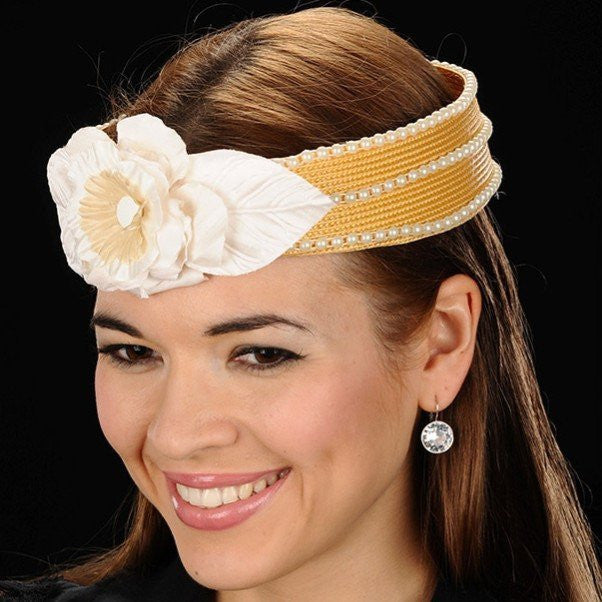 NA1010 Pearl Tan Straw Hat with Cream/Tan Flower - Perfect for Beach Vacations, Summer Outfits, and Outdoor Events