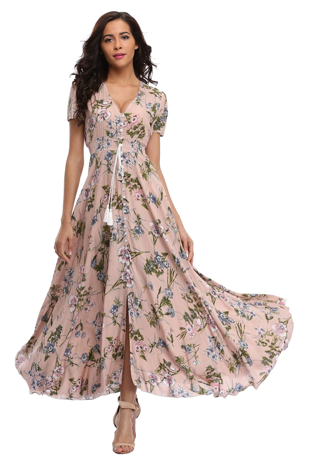 Boho Floral Maxi Dress for Women - Summer Button Up Beach Dress with Side Slit & Flowy Design | Perfect for Beach Parties, Vacations & Outdoor Events