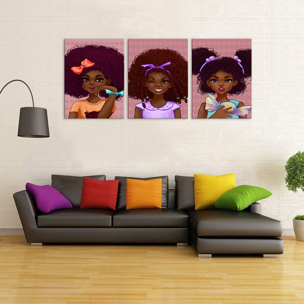 African American Girl Wall Art - 3 Panels Black Curly Hair Painting Print, Framed Ready to Hang Wall Decor for Bedroom, Living Room & Office - Perfect Hippie Style Gift for Women & Girls