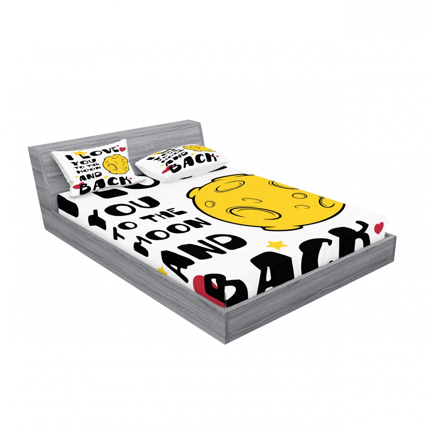 Ambesonne Romantic Moon Themed 2-Piece King Size Fitted Sheet Set with 4 Pillow Shams - Yellow Black Red Space Love Pattern Bedding for Couples | Perfect for Valentine's Day, Anniversary Gifts & Cozy Bedroom Decor