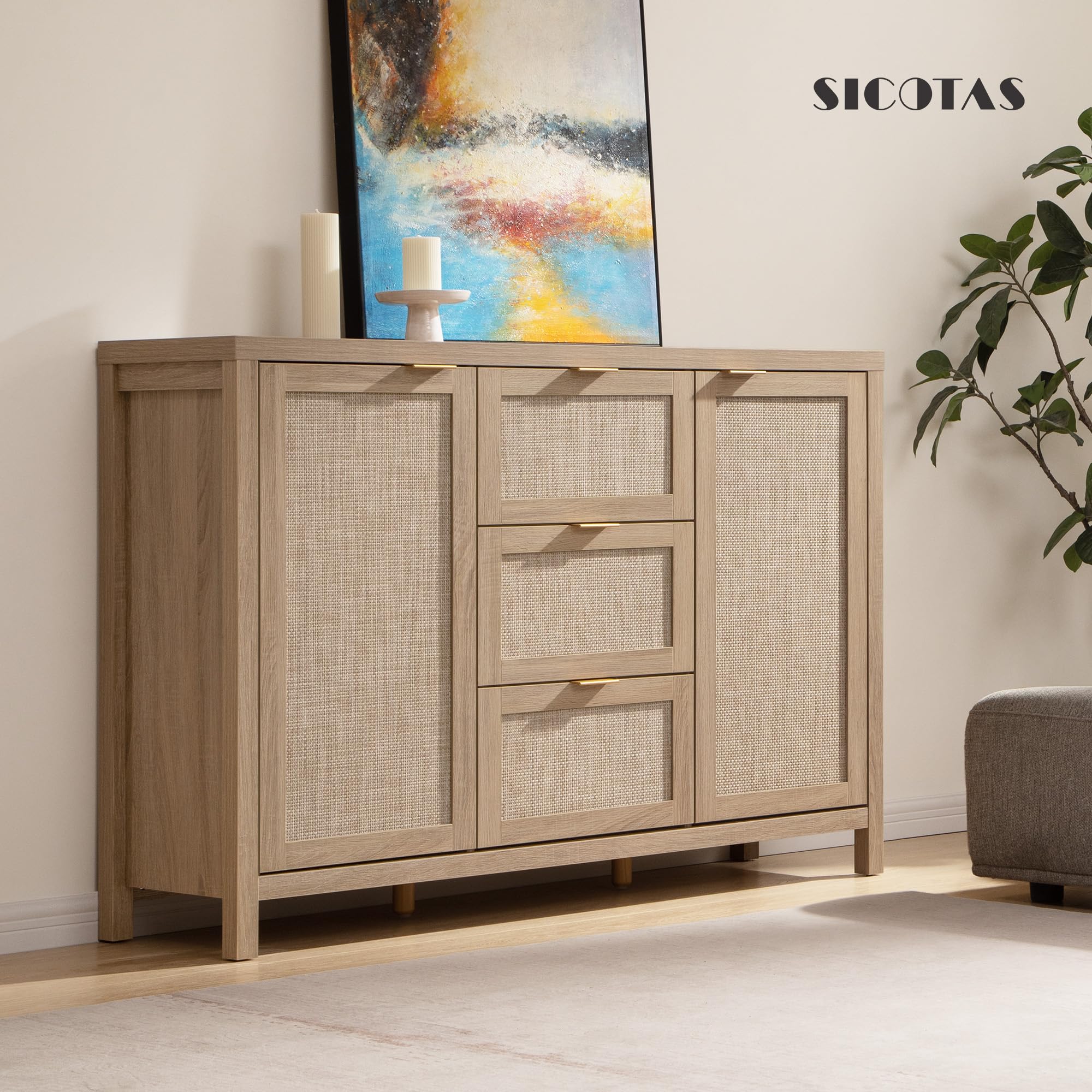 Farmhouse Rattan Sideboard Buffet Cabinet with 3 Drawers & 2 Doors - Light Oak Storage Console Table for Living Room, Kitchen & Dining Room | Perfect for Coffee Bar Setup, Home Organization & Boho Decor